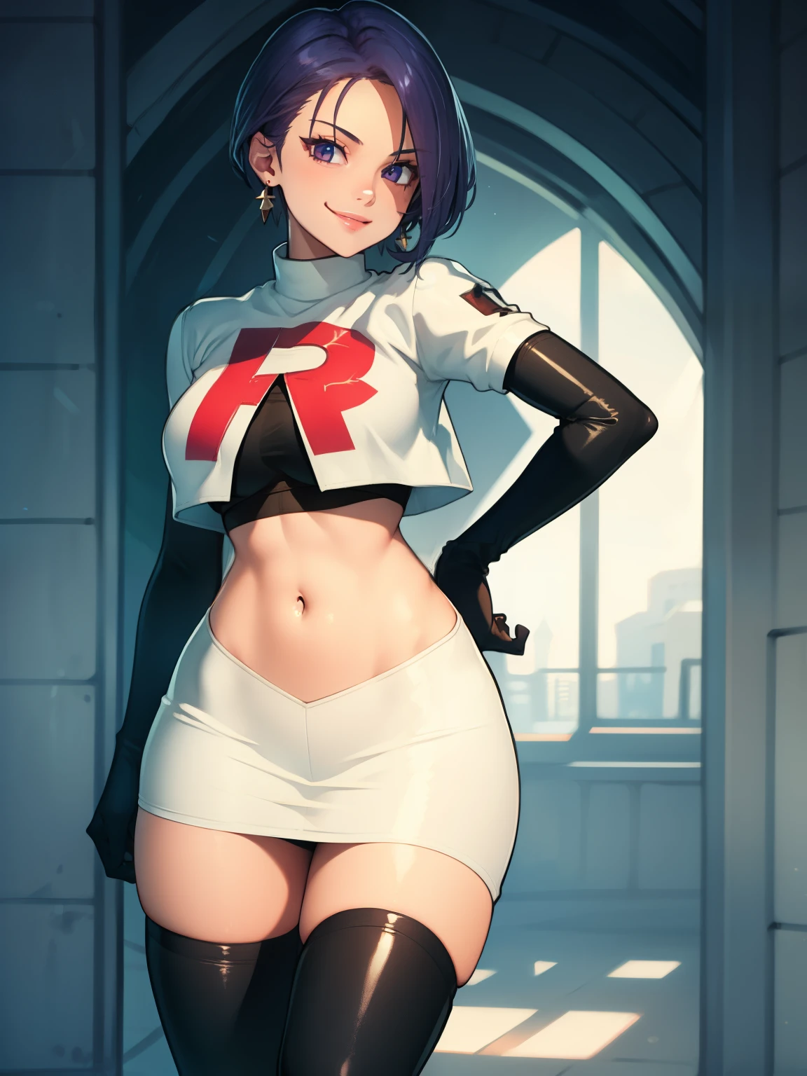 
defShamir ,earrings, glossy lips ,team rocket uniform, red letter R, white skirt,white crop top,black thigh-high boots, black elbow gloves, evil smile,