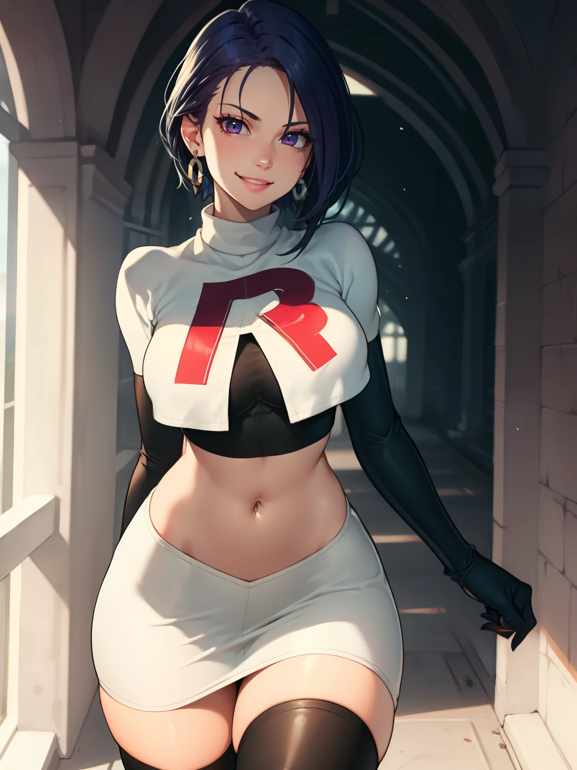 
defShamir ,earrings, glossy lips ,team rocket uniform, red letter R, white skirt,white crop top,black thigh-high boots, black elbow gloves, evil smile,