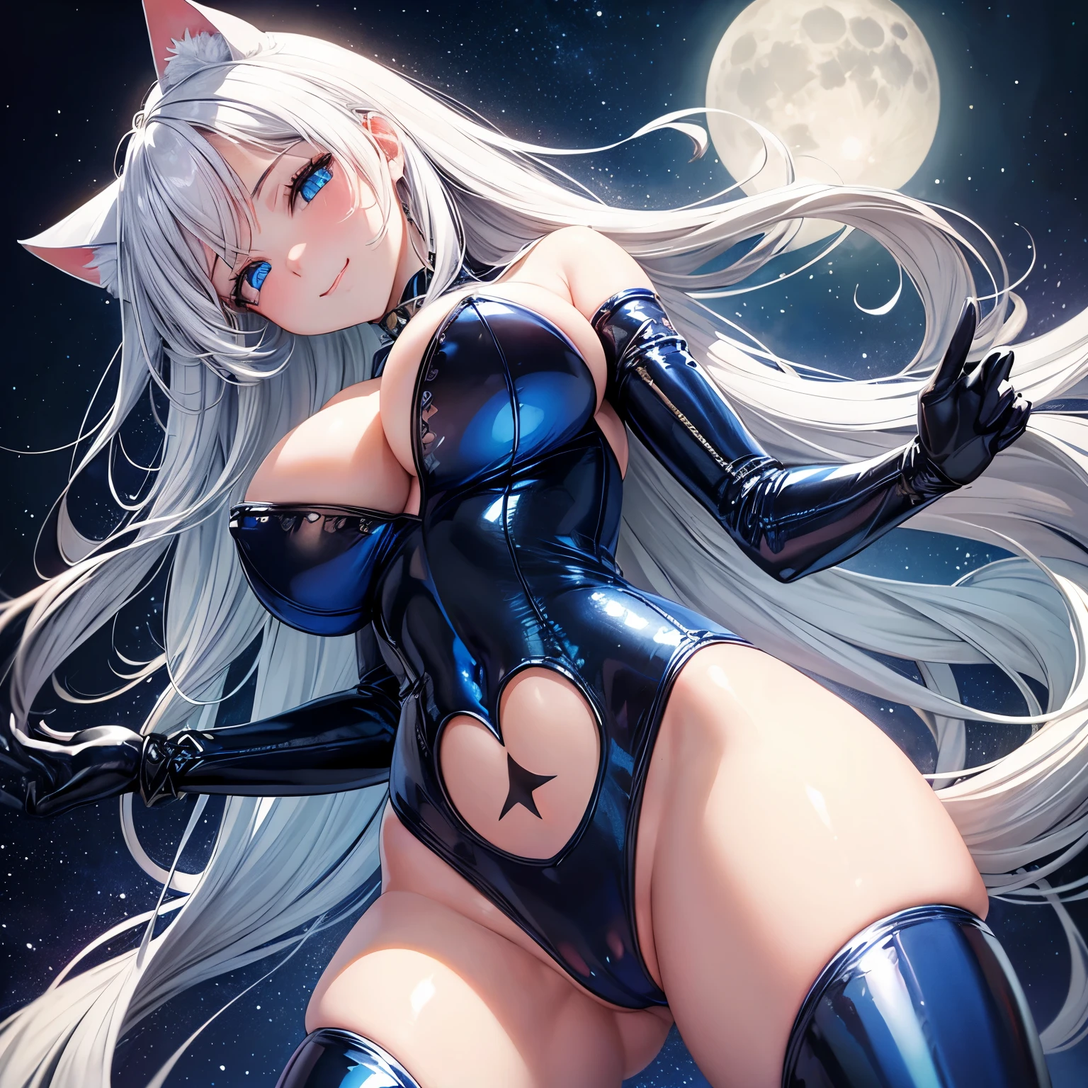 (Masterpiece), (best quality), 1girl, ((angle from below)), ((from below)), ((looking down)), smirk, long hair, white hair, cat ears, blue eyes, (()), ((wide hips)), blue latex bunny suit, moon, stars