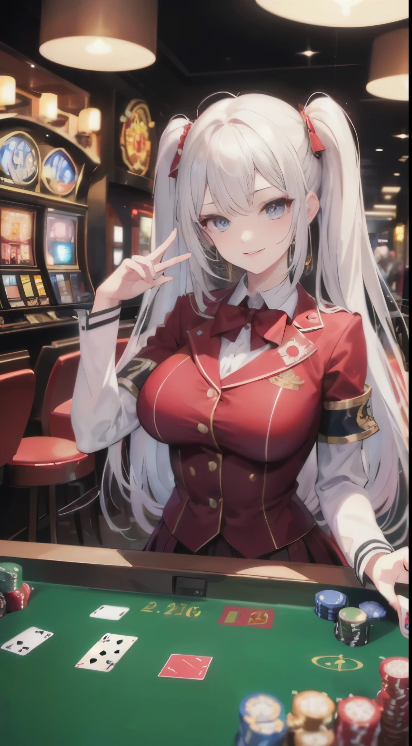 white hair girl,twintail,black eyes,big breast,((Red academy uniform)),casino,illustration,highest quality,ultra-detailed,vivid colors,studio lighting,sharp focus (best quality,4k,8k,highres,masterpiece:1.2),extremely detailed eyes and face,longeyelashes,anime,luxury,night scene,beautiful detailed lips,glowing lights,sexy vibe,lively atmosphere,game tables,fancy decorations,golden chandeliers,expensive gambling chips,winning smiles,cocktail glasses,cigarette smoke,confident poses,high-class,rich aesthetic,card games,roulette wheel,playing cards,slot machines,poker chips,money stacks,excitement,thrilling suspense,luck,entertainment.