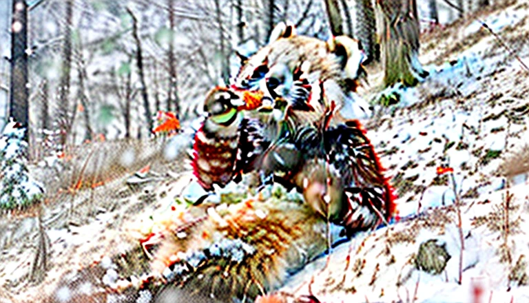 on the snow slope,cub,Brown and white red panda eating carrots。Photography style--ar16:9