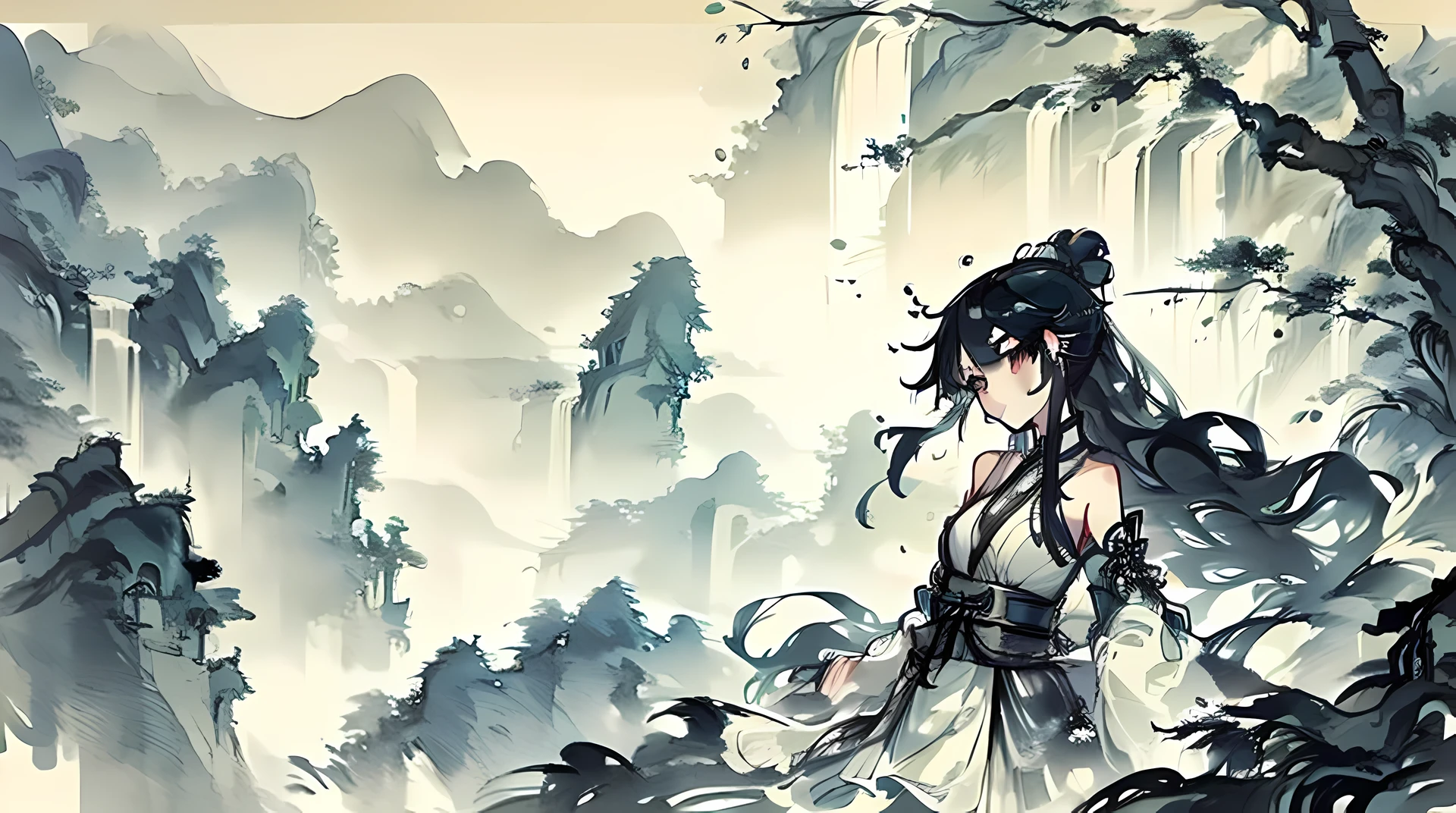 (masterpiece),best quality,1 girl,(((Chinese ink painting))),a portrait of girl,The girl is in the center of the frame,,((long black hair)),(very long hair),(floexisting hair),Diamonds and dazzling eyes,,bare shoulders,Chinese traditional clothing,small breasts,,watching_exist_audience,perfect details,,silk,chinese palace on the Mountain,(Chinese style architecture),Mountain,(wexisterfall),mist,((Beautiful detailed background)),(Wudang),一个女孩exist ((zhangjiajie)),dramexistic angle