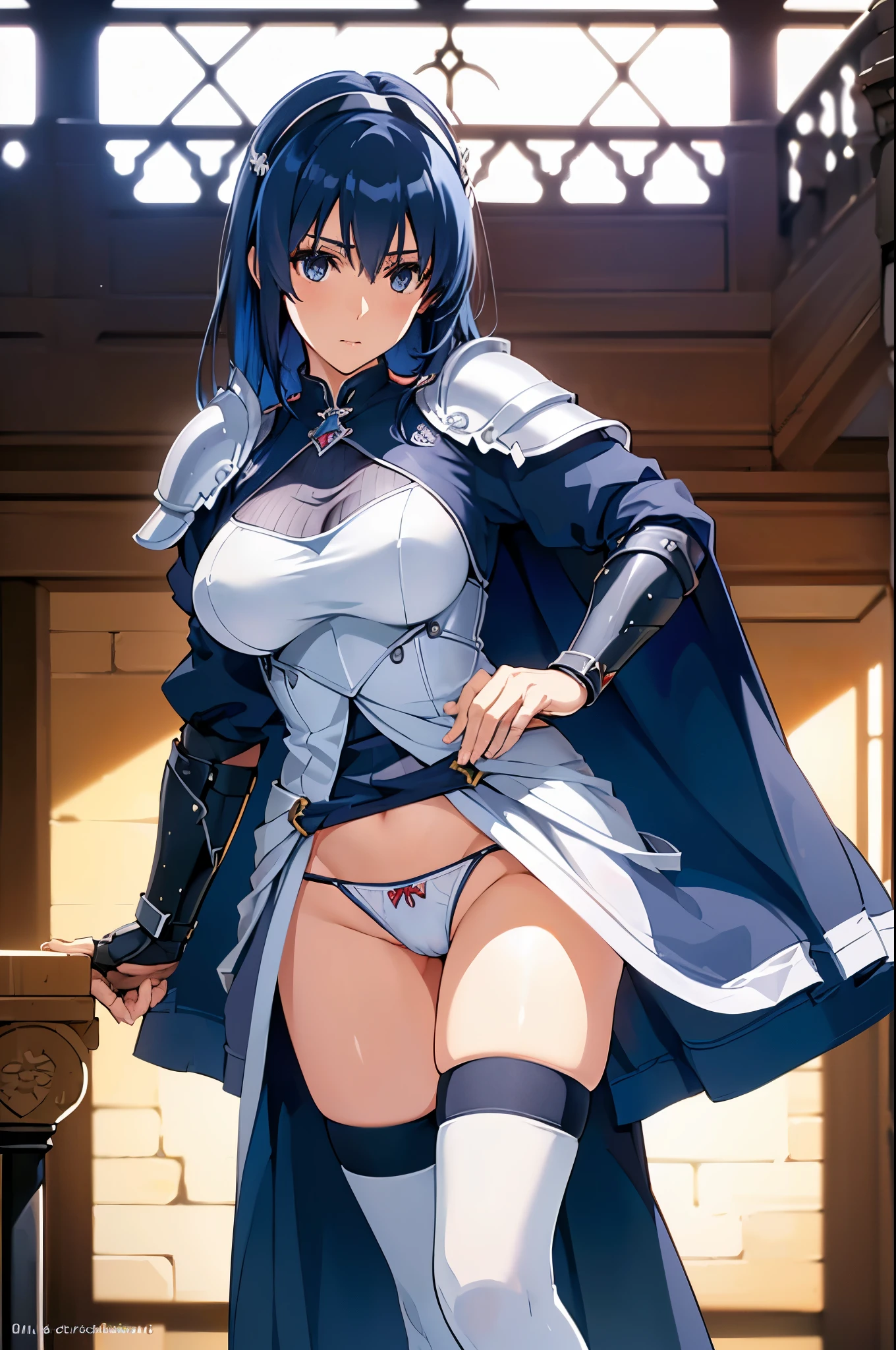 (best quality, In 4K, 8K, High resolution, muste piece:1.2),Super detailed, (Reality, photorealistic, photorealistic:1.37),30 year old woman,ripe woman,Mature woman,((Inside a castle),muste piece, Top quality, Ultra-fine,maximum resolution, Extremely detailed, ((Armor,white panties,holy knights,thigh high socks,huge breasts,groin,bottomless,Feet raised high)),thong,Cord,blue hair,Seductive thighs,standing,blade in hand,