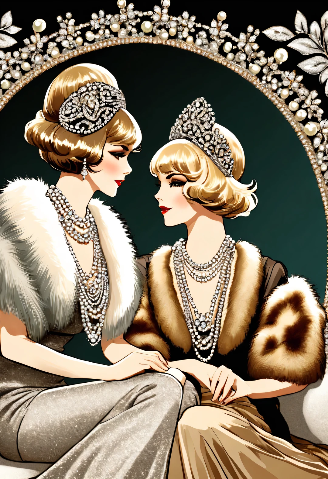 magazine design style , portrait,best quality,8k,high resolution,super detailed,super clear,Creative style artwork,classical,,
Dressed in 1920s fashion, 1920s hairstyles, 1 9 2 0 s style, 1 9 2 0 clothes, 1 9 2 0 s fabric style,
( Two girls in fashionable clothes sitting at the table holding coffee,Sitting at the table wearing a high-end fur coat),gorgeous、Exquisitely crafted diamond rings and bracelets,tiara jewelry,vintage ,The atmosphere of the 1920s, (blond:1.34),Fur coat has delicate texture,smooth visible velvet,Wear pearl jewelry,Advanced custom lace clothing,perfect fingers,(White skin),(Stacking accessories),
Luxurious and plump pearls,everything is clear,Composed of beads and brilliant diamonds,Pearls are usually round,(Each bead is the same size),Carefully selected、burnish,Smooth and delicate surface,Soft shine,Diamonds are the most dazzling part,They are cleverly mounted on metal frames,Contrast with pearls,Make the whole bracelet look noble and elegant,