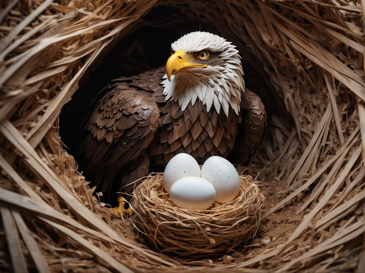 Full scene. Birth of a mini eagle in a straw nest, in a cave, its mother, a huge eagle, protects the creature that has just peeked its head out of the broken egg, zentangle, origami, cinematic, sky full of stars,