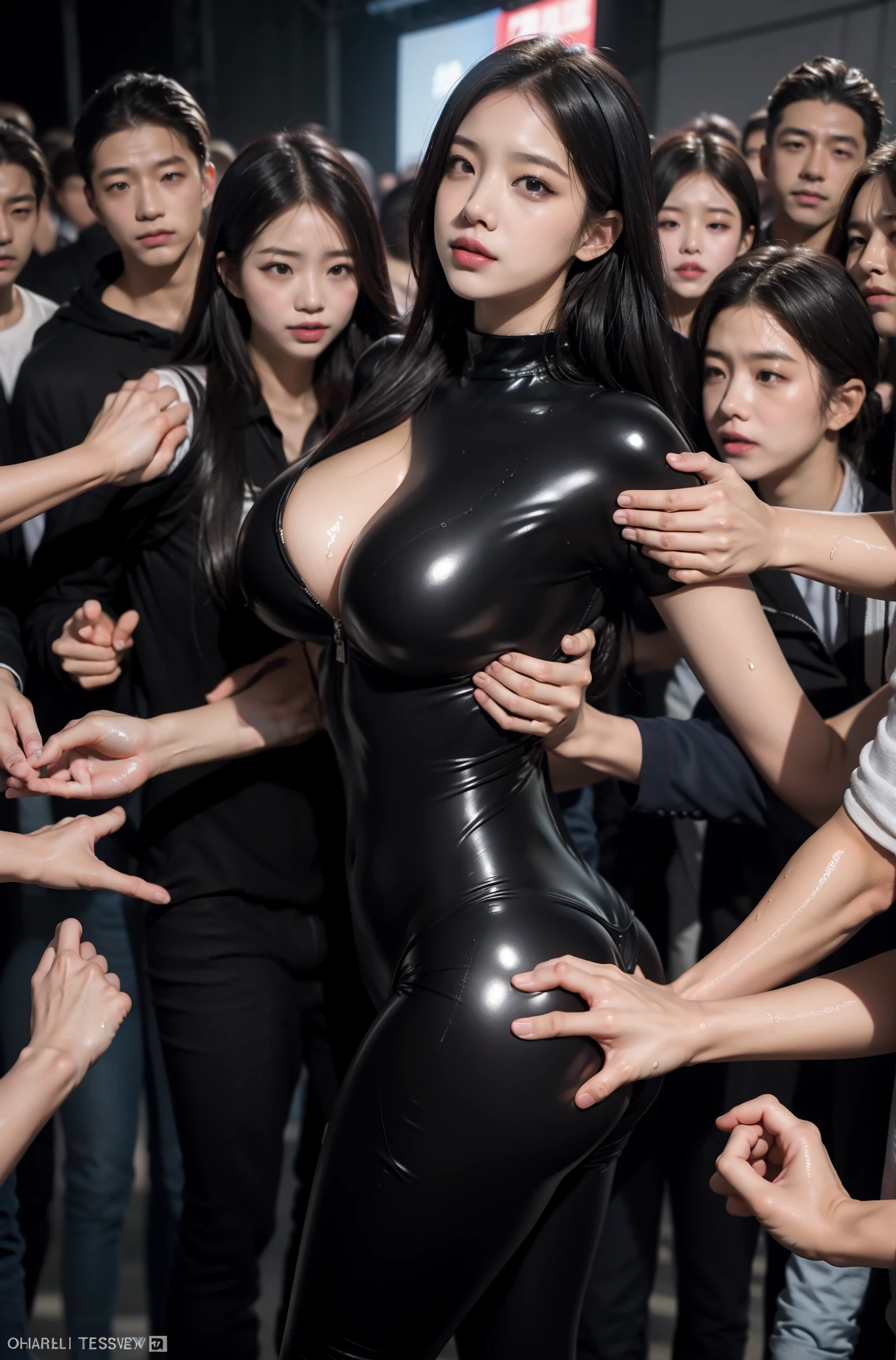 (molestation:1.8) japanese woman, very big breasts, oversized breasts, black latex catsuit, Chest grab, pool, grab your butt, Multiple men around her grab her breasts, Chest grab, multiple hands, masterpiece, highest quality, very detailed, molestation, crowd of men, crowd surfing, very realistic face, very realistic eyes, very large crowd of men around her, the person who grabs her body々, I squeezed my chest, molestation, masterpiece, highest quality, very detailed, 1 girl, multiple hands, stage, Grab your ass with the crazy crowd, Chest grab, the men around her, squeezed body, Many people grab their chests, Be beaten, pulling on clothes, very wet and sweaty, grab clothes, There are no women in the crowd, man with neck