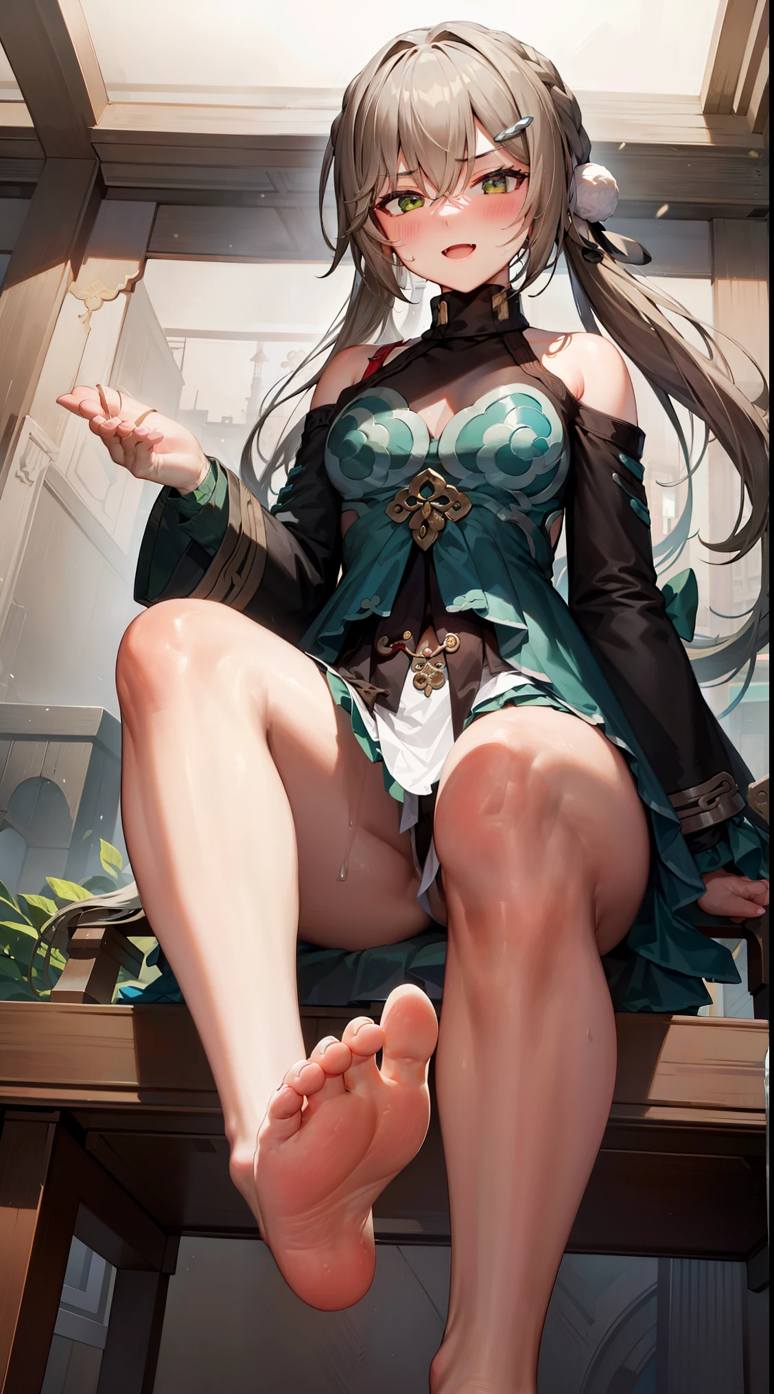 masterpiece,highres,qingque,1girl,blush,evil smile,half-closed eyes,open mouth,sitting,thigh focus,lega focus,from below, sweating,feet,five toes,soles of feet,FFA,from below,leg up,sole,feet,looking at viewer,bare feet