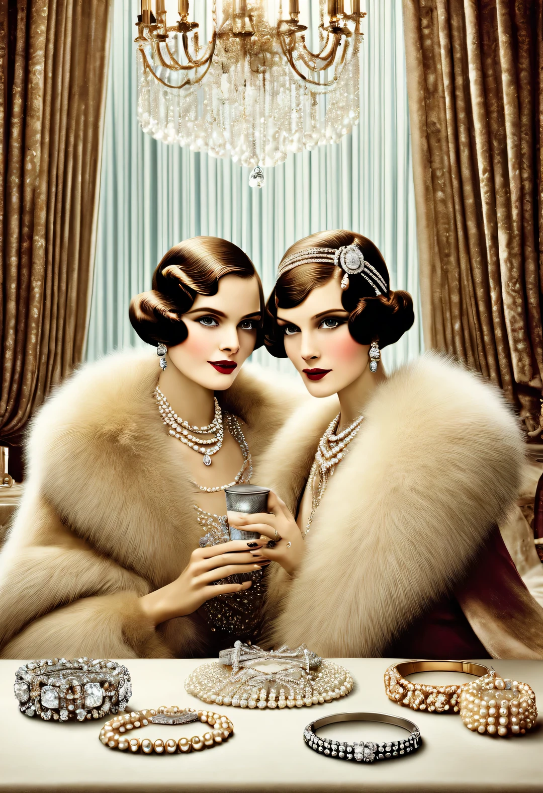 magazine design style, portrait,best quality,8k,high resolution,super detailed,super clear,Creative style artwork,classical,,
( Two girls in fashionable clothes sitting at the table holding coffee,Sitting at the table wearing a high-end fur coat),gorgeous、Exquisitely crafted diamond rings and bracelets,tiara jewelry,vintage ,The atmosphere of the 1920s, (blond:1.34),Fur coat has delicate texture,smooth visible velvet,Wear pearl jewelry,Advanced custom lace clothing,perfect fingers,(White skin),(Stacking accessories),
Luxurious and plump pearls,everything is clear,Composed of beads and brilliant diamonds,Pearls are usually round,(Each bead is the same size),Carefully selected、burnish,Smooth and delicate surface,Soft shine,Diamonds are the most dazzling part,They are cleverly mounted on metal frames,Contrast with pearls,Make the whole bracelet look noble and elegant,Dressed in 1920s fashion, 1920s hairstyles, 1 9 2 0 s style, 1 9 2 0 clothes, 1 9 2 0 s fabric style,