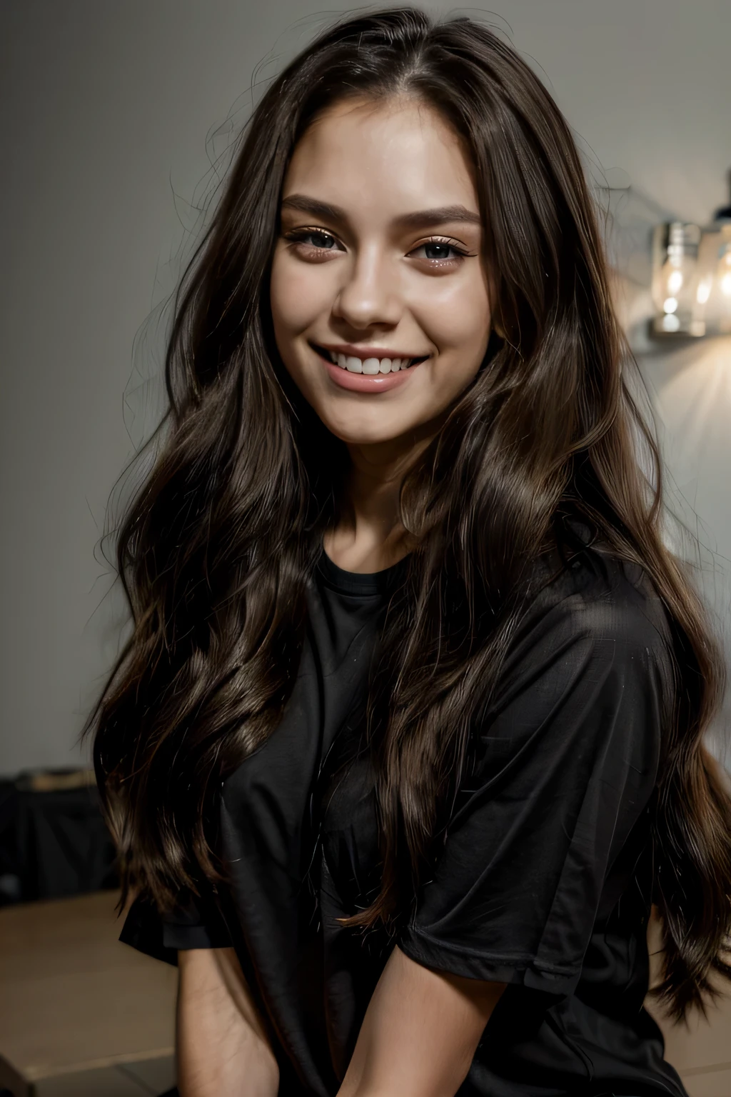 Beautiful 24-year old girl, smiling with long brunette hair, and with big hazel eyes, calm, smiling, with black tshirt, 8k resolution, face, grey background