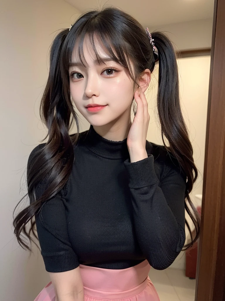 uneven twintails, flower on head, tsurime, makeup, seductive smile, 85mm, masterpiece, textured skin, super detail