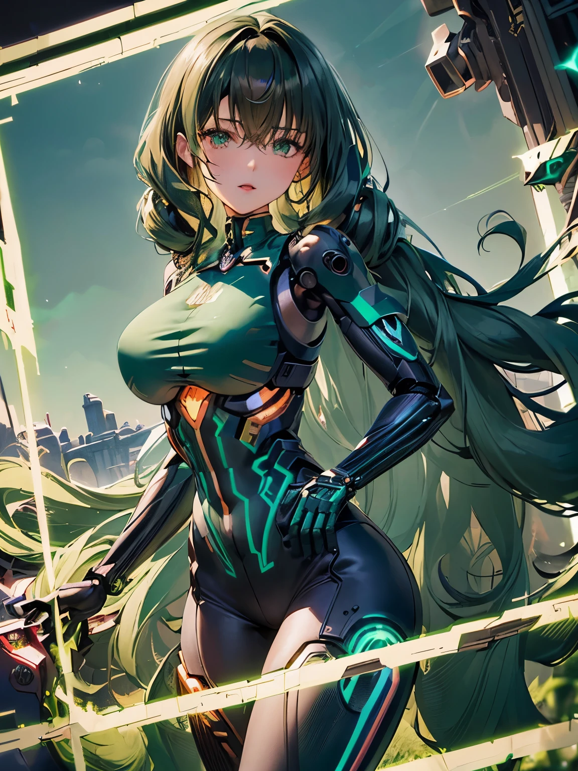 ((Long hair with curls and volume:1.2)),((darkgreen:1.6)),((Cyborg body:1.4)),((machine body:1.5)),((mechanic:1.3)),(green sphere:1.3),((fantastic and fantasy world:1.5)),((focus on face:1.3)),(Elaborate construction:1.6)