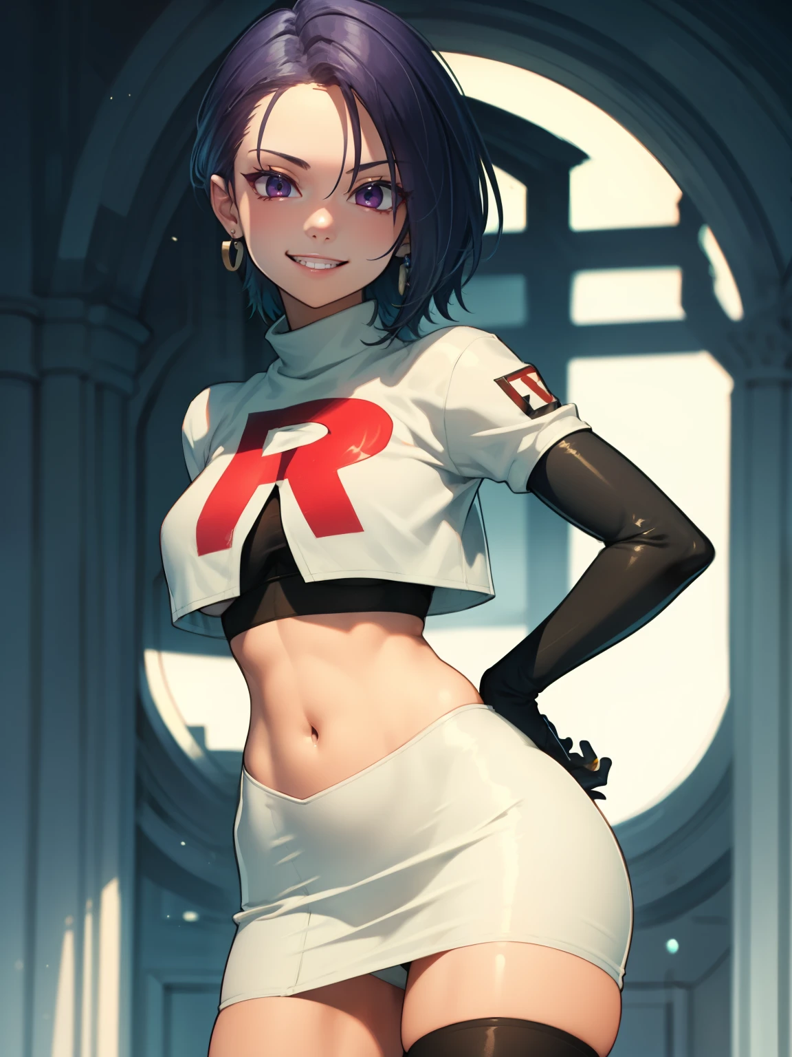 defShamir ,earrings, glossy lips ,team rocket uniform, red letter R, white skirt,white crop top,black thigh-high boots, black elbow gloves, evil smile, hands on hips