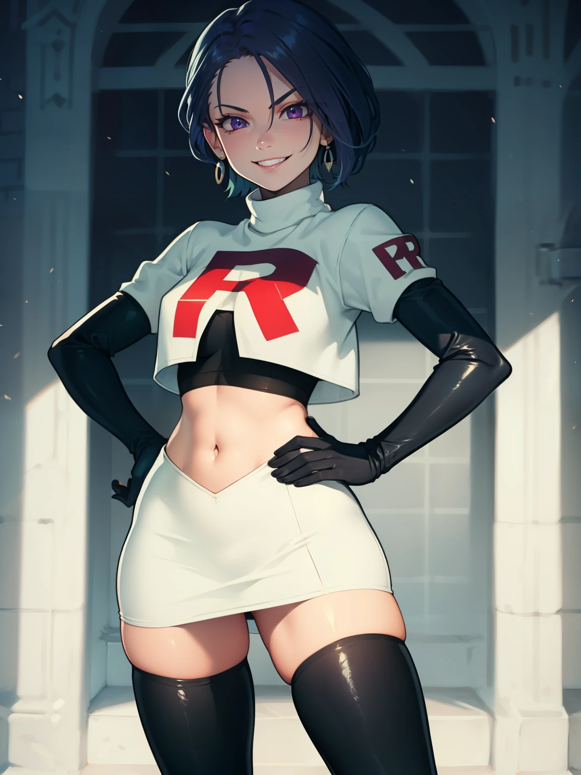 
defShamir ,earrings, glossy lips ,team rocket uniform, red letter R, white skirt,white crop top,black thigh-high boots, black elbow gloves, evil smile, hands on hips