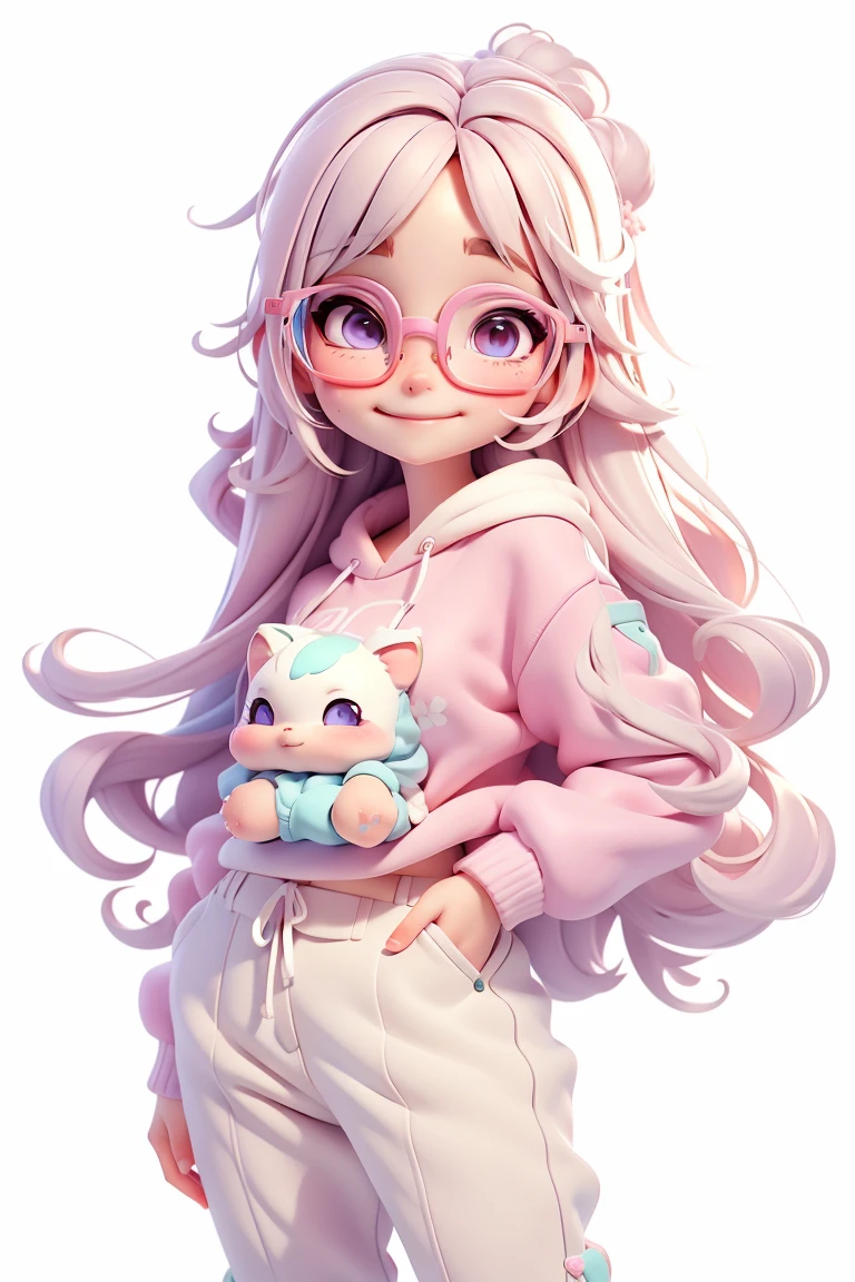 lovely alice, Glasses, Sweet, exquisite eyes, colorful, pastel tones, Pants, sweatshirts, delicate smile, simply white background