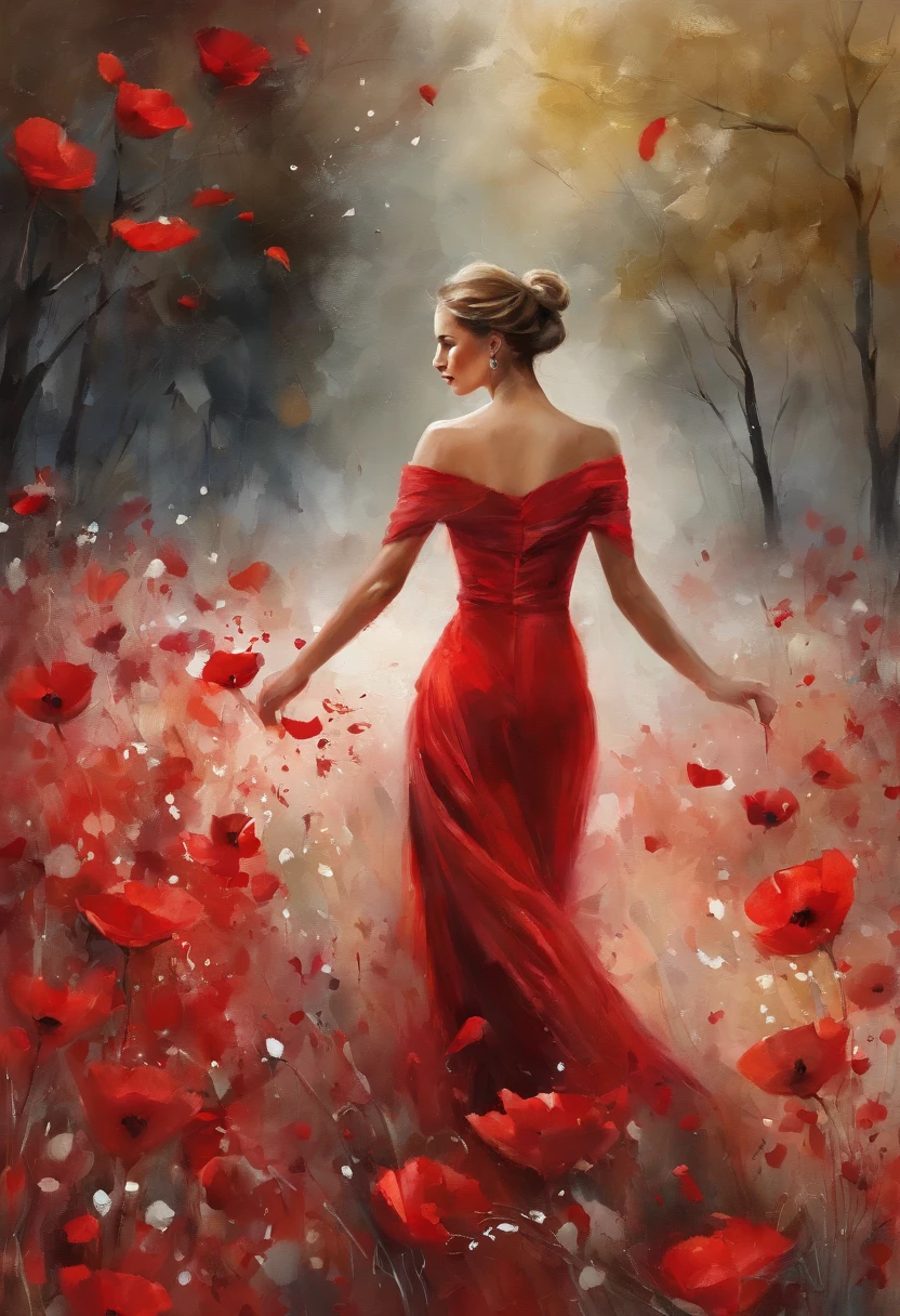 arafed woman in a red dress is dancing in a flowery field, dancing gracefully, sensual dancing, best on adobe stock, falling red petals, portrait shot, rich red colors, perky woman made of petals, dramatic powerful pose, beautiful digital artwork, fine art fashion photography, dramatic elegant pose, elegant and graceful, red and cinematic lighting
