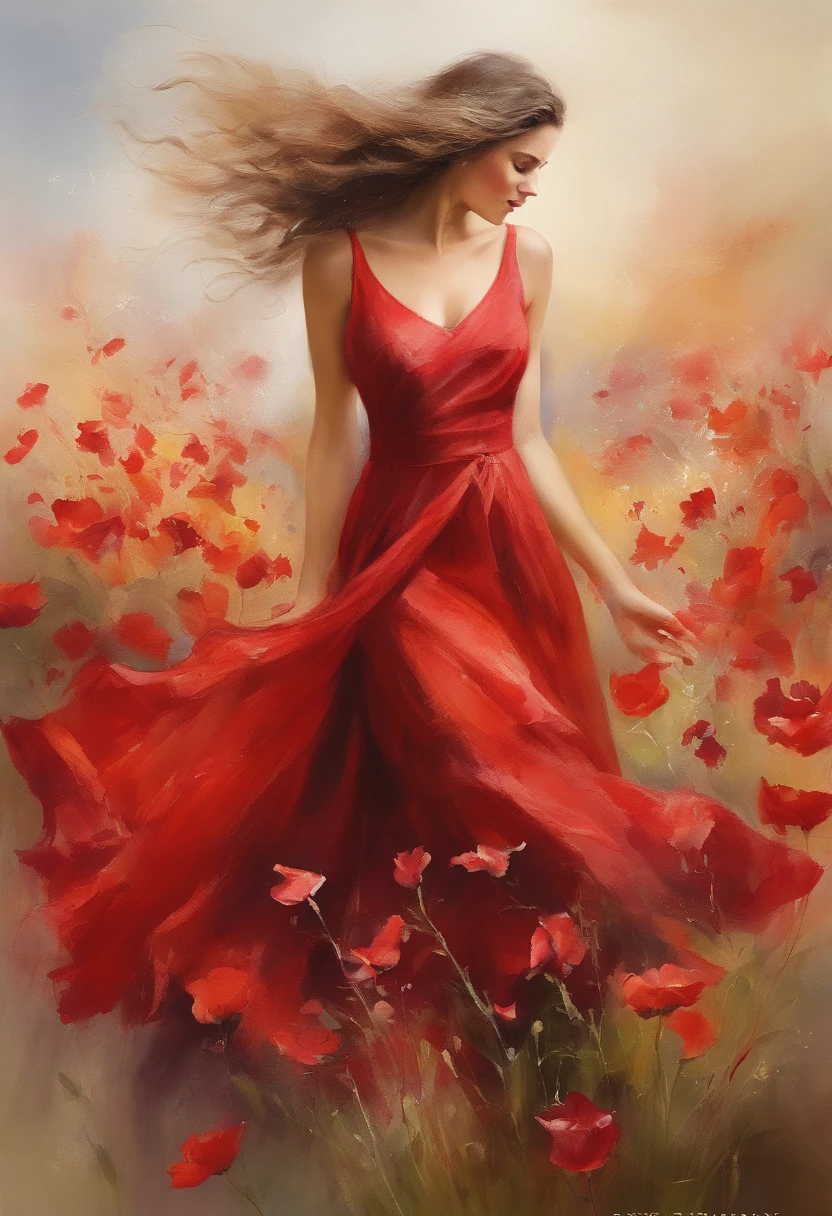 arafed woman in a red dress is dancing in a flowery field, dancing gracefully, sensual dancing, best on adobe stock, falling red petals, portrait shot, rich red colors, perky woman made of petals, dramatic powerful pose, beautiful digital artwork, fine art fashion photography, dramatic elegant pose, elegant and graceful, red and cinematic lighting
