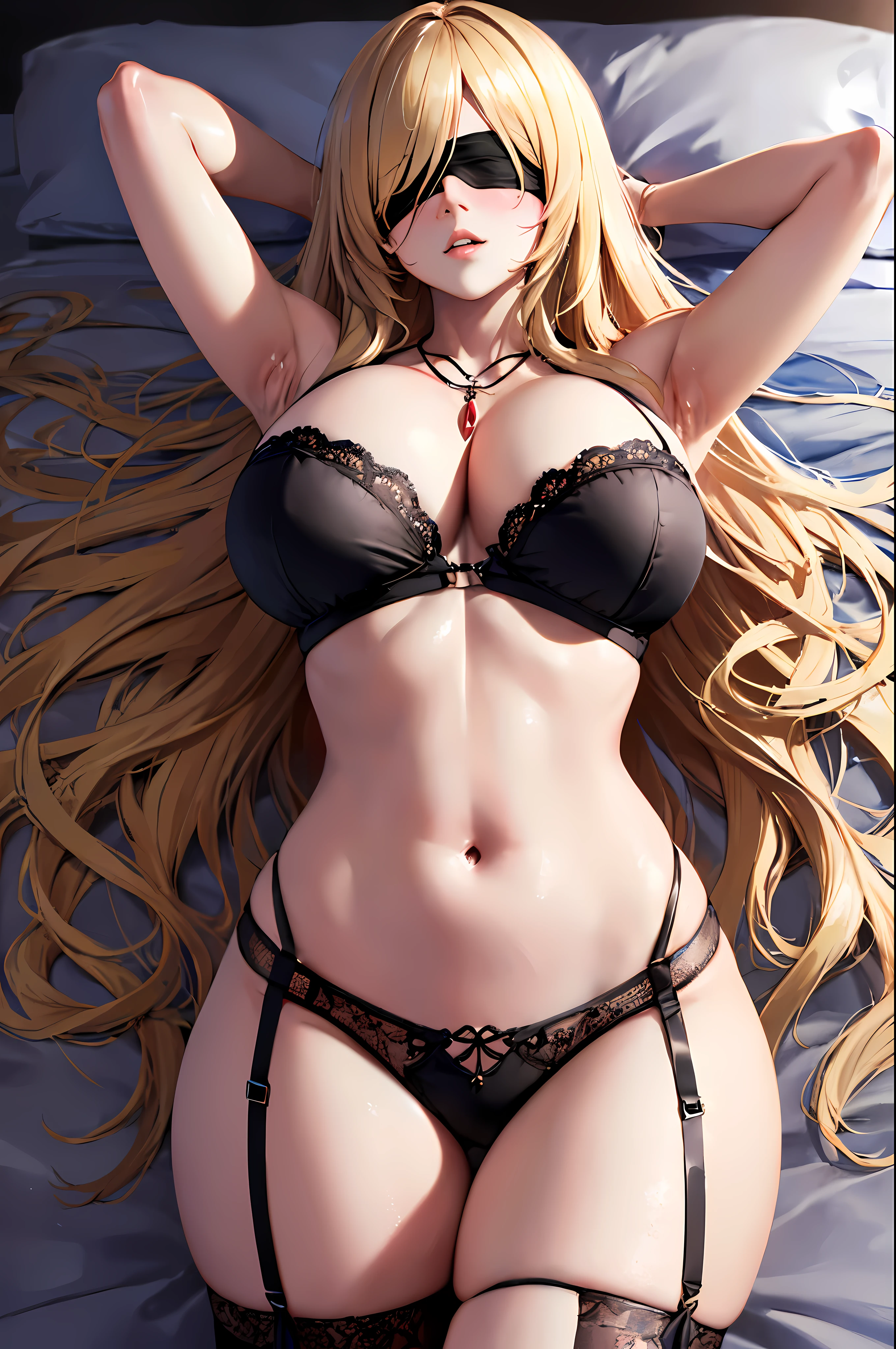 sword_miss,sword miss, 긴 head, blonde hair, blindfold, (sword은색 blindfold:1.2) , necklace ,  big bust,  bijouterie, very 긴 head, best quality, sharp focus, (8 thousand), (4K), (masterpiece), (best quality), (realistic skin texture), very detailed, very detailed, , illustration, soft lighting, , high resolution, sharp details, blush, (cowboy_firing:1.2) ,(bedroom background:1.3), (sword은색_tall:1.4) ,  on bed , bed, (sword은색_garter_belt), (lying in bed,throw,from above:1.3), (weapon_behind_head:1.4)