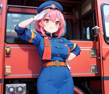 pink hair , big tit , arafed woman in blue and orange uniform saluting for a fire truck,