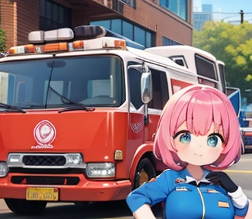 pink hair , big tit , arafed woman in blue and orange uniform saluting for a fire truck,