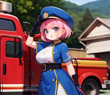 pink hair , big tit , arafed woman in blue and orange uniform saluting for a fire truck,