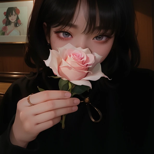 there is a woman holding a rose in her hand, holding a rose, holding a flower, belle delphine, holding a rose in a hand, with flowers, holding flowers, asthetic, sui ishida with black hair, portrait of jossi of blackpink, her face looks like an orchid, girl with a flower face, by Ayami Kojima, blackpink Lisa, blackpink, Lalisa Manoban