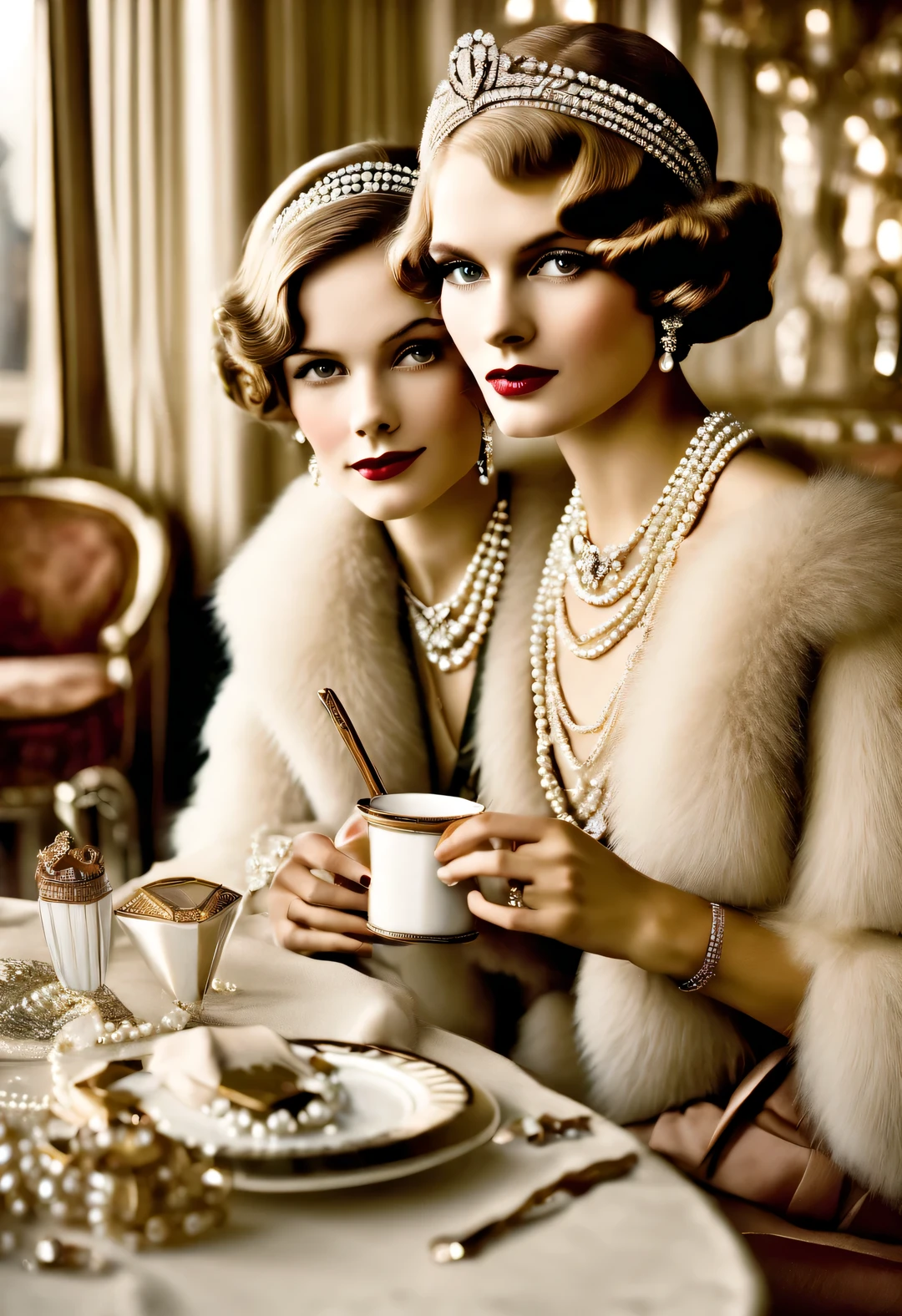 Vintage photography style, portrait,best quality,8k,high resolution,super detailed,super clear,Creative style artwork,classical,,
( Two girls in fashionable clothes sitting at the table holding coffee,Sitting at the table wearing a high-end fur coat),gorgeous、Exquisitely crafted diamond rings and bracelets,tiara jewelry,vintage ,The atmosphere of the 1920s, (blond:1.34),Fur coat has delicate texture,smooth visible velvet,Wear pearl jewelry,Advanced custom lace clothing,perfect fingers,(White skin),(Stacking accessories),
Luxurious and plump pearls,everything is clear,Composed of beads and brilliant diamonds,Pearls are usually round,(Each bead is the same size),Carefully selected、burnish,Smooth and delicate surface,Soft shine,Diamonds are the most dazzling part,They are cleverly mounted on metal frames,Contrast with pearls,Make the whole bracelet look noble and elegant,Dressed in 1920s fashion, 1920s hairstyles, 1 9 2 0 s style, 1 9 2 0 clothes, 1 9 2 0 s fabric style,