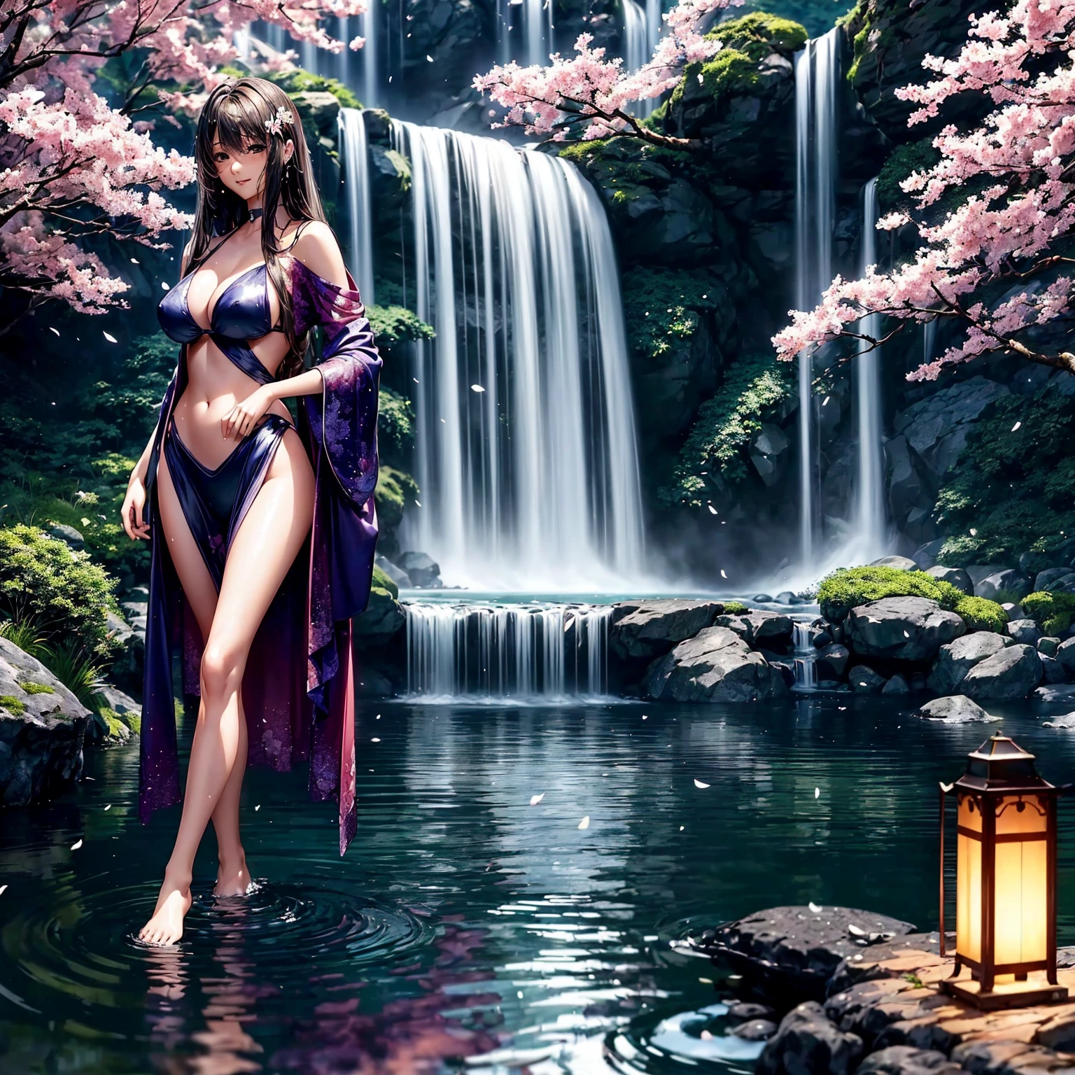 (highest quality、masterpiece、very high resolution、ultra high resolution.High resolution detail 1.5)、(A woman with perfect and ultimate beauty:18-year-old:beautiful body、beautiful face、beautiful hair)、(Beautiful breasts with a slender body shape:F cup,best hair texture,best skin texture 1.5)、((elegant bikini,bikini swimwear)),(Fantastic waterside,There is a waterfall,Night cherry blossoms and lanterns,mysterious night sky、beautiful scenery),(water play,beautiful pose,model shoot),bright smile、Hair flutters under the influence of the wind,realistic portrait、realistic textured skin、(highly detailed images、accurate image、Perfect Image 1.5)、beautiful anime woman, beautiful art style, anime character、Overall image、accurate anatomy、Image without defects、natural soft light、beautiful images、(best shot,RAW photo)
