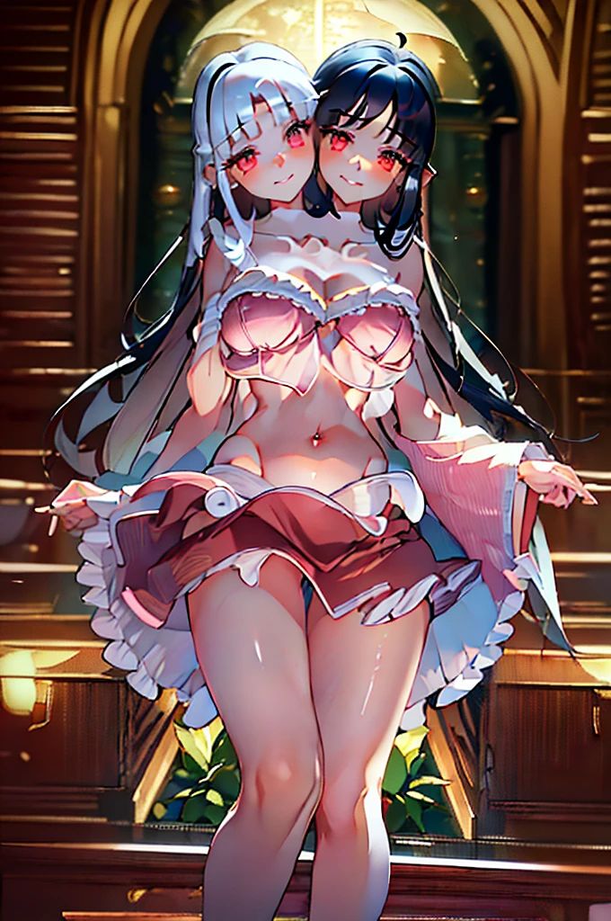 (masterpiece, best quality),best quality, (ultra-detailed), (3heads:1.5), 1girl, (houraisan kaguya:1.3), masterpiece, best quality, pink top, crop top, ((stomach)), midriff, ((groin)), pink skirt, normal ears, shackles, black hair, very long hair, wavy hair, sidelocks, brown eyes, parted lips, single horn, sweat, cute, toned belly, hand on own chest, eyelashes, (24 year old woman:1.3), (masterpiece:1.4), (best quality:1.4), (beautiful detailed, extremely detailed CG, extremely delicate and beautiful, depth of field, (finely detailed face), (perfect details:1.2), (mature female:1.3), wide pelvis, slender, large veiny breast, 8k resolution, high quality, high definition, extremely detailed, masterpiece, best quality, black hair, long hair, alluring presence, braid, short skirt, close up, big tits, young, hairband