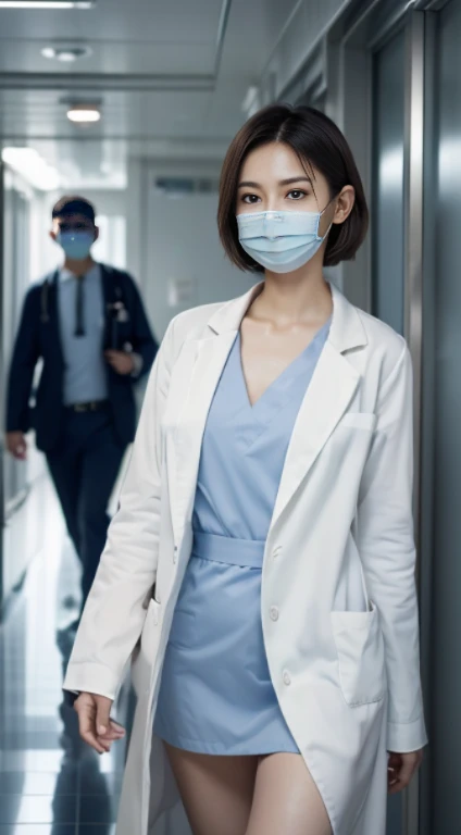 Photorealistic beautiful doctor、amazingly beautiful、(Doctor White Coat Naked),(topless)、(highest quality、8K、32K、masterpiece、nffsw:1.3)、ultra high resolution,(Photoreal:1.4),RAW photo, detailed face,,beautiful hair, ((Doctor Style)), (Blue surgical gown and white doctor&#39;coat、Light blue mask),very short hair 、 natural makeup,, small perfect breasts、(Walking down the corridor of the hospital) 、、detailed background, perfect lighting, Depth of written boundary, beautiful shadow gradation,(Stethoscope) ,、thin limbs、thin thighs、whole body、backwards、