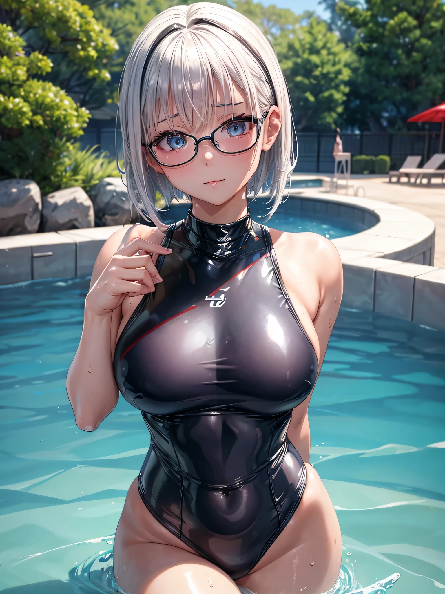 best image quality、8K、UHD、pieces fly、cute eyes、silver hair、Glasses、latex high neck swimwear、latex high neck school swimwear、short hair、短髪のsilver hair美女、wet skin、