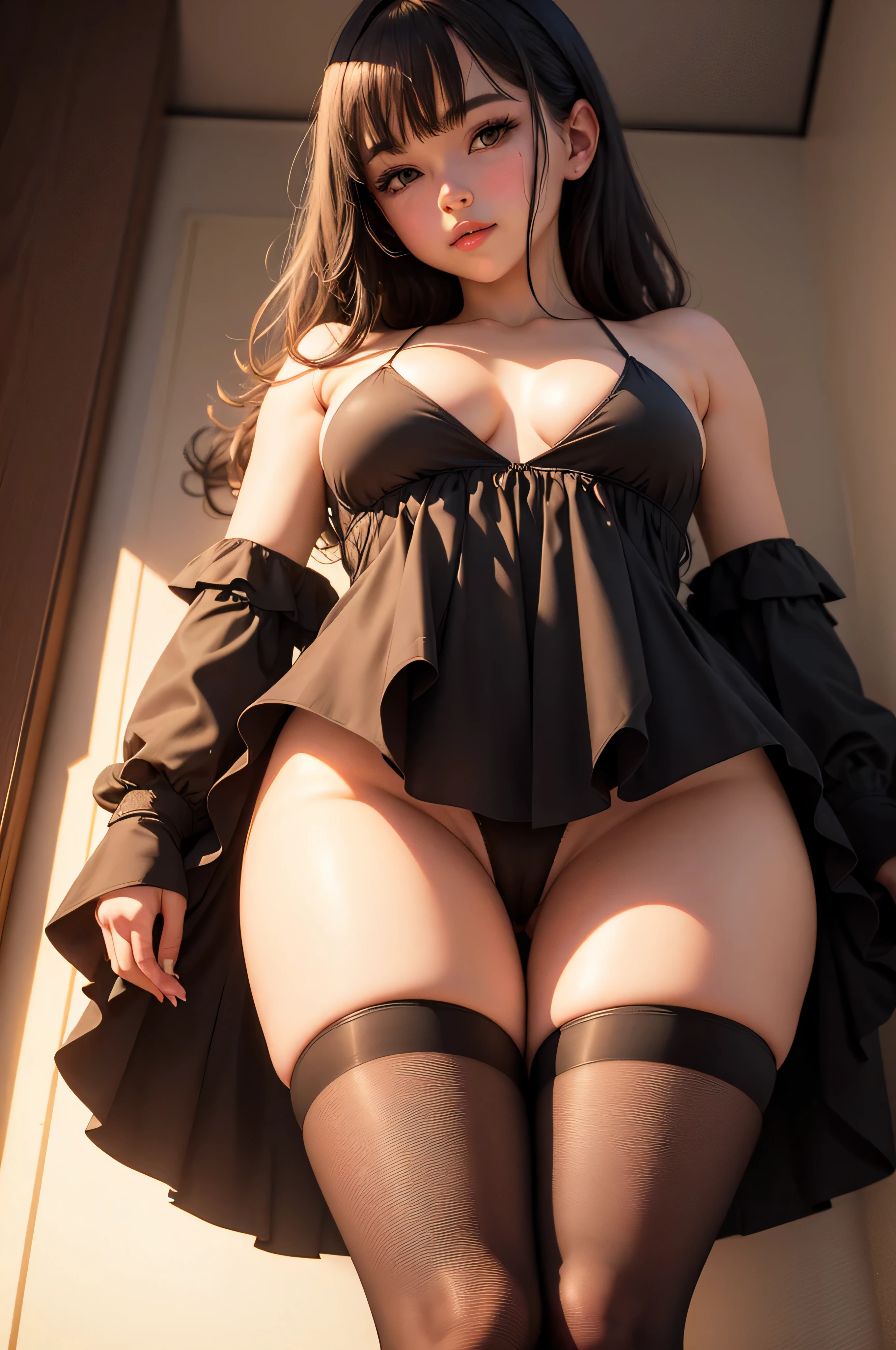 nsfv: in a dimly lit room, a high-Quality image reveals a cute girl in a provocative pose. with a short skirt, barely covering her thighs, and stockings, emphasizing the legs., she looks playfully from the floor, inviting the viewer into your world. (masterpiece: 1.2), (Quality:1.2)