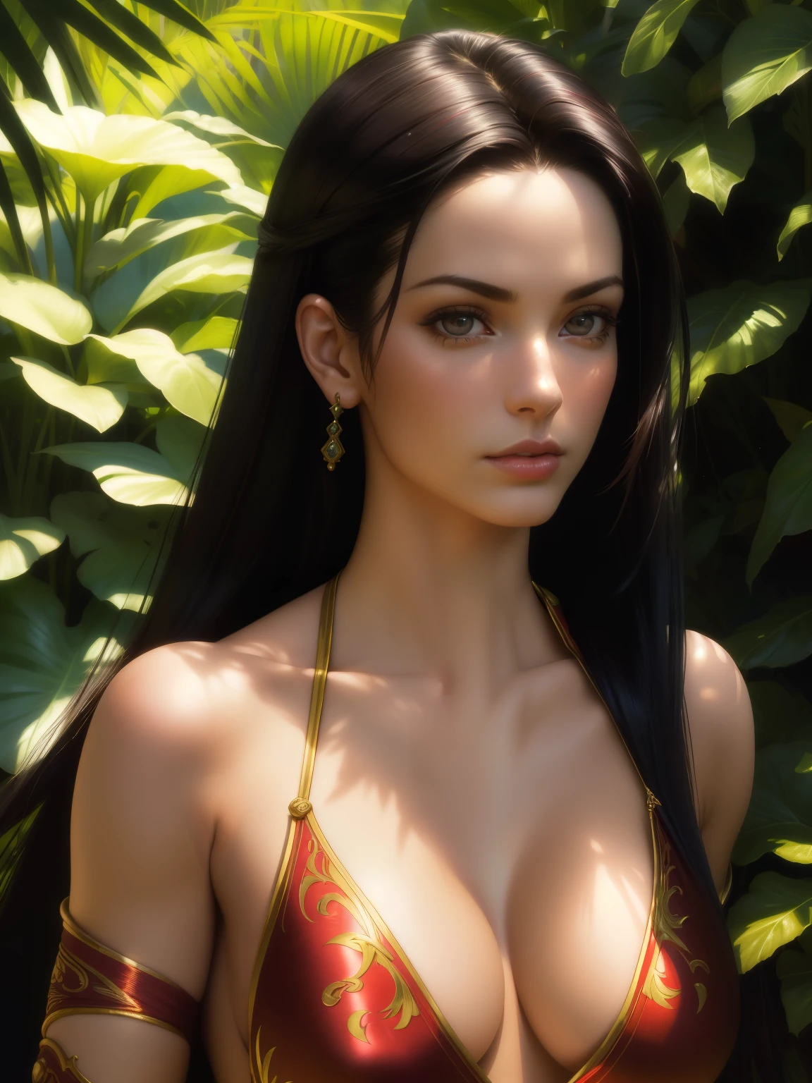 best quality,highres,(realistic,photorealistic:1.37),vivid colors,ultra-detailed,portrait,May Shiranui SNK 2099,long black hair flowing,beautiful detailed eyes,beautiful detailed lips,intricate face and body details,bright red costume clinging to her curves,dynamic pose,graceful movements,fiery ambiance,cinematic lighting,sharp focus,lush garden background,contrast of light and shadow,subtle color grading,artistic interpretation