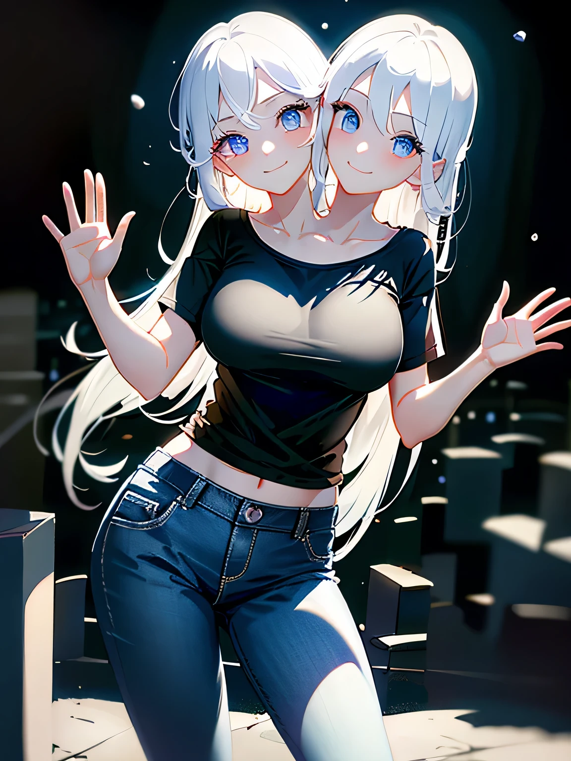 (masterpiece, best quality), best resolution, (2heads:1.5), 1 girl, ghost, translucent body, Shy, white hair, blue eyes,red eyes, Shy smile, Black T-shirt, Sepia pants, waving at viewer, cemetery, night, moonlight, dark environment