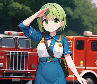 green hair , small tit , arafed woman in blue and orange uniform saluting for a fire truck,