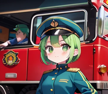 green hair , small tit , arafed woman in blue and orange uniform saluting for a fire truck, 
