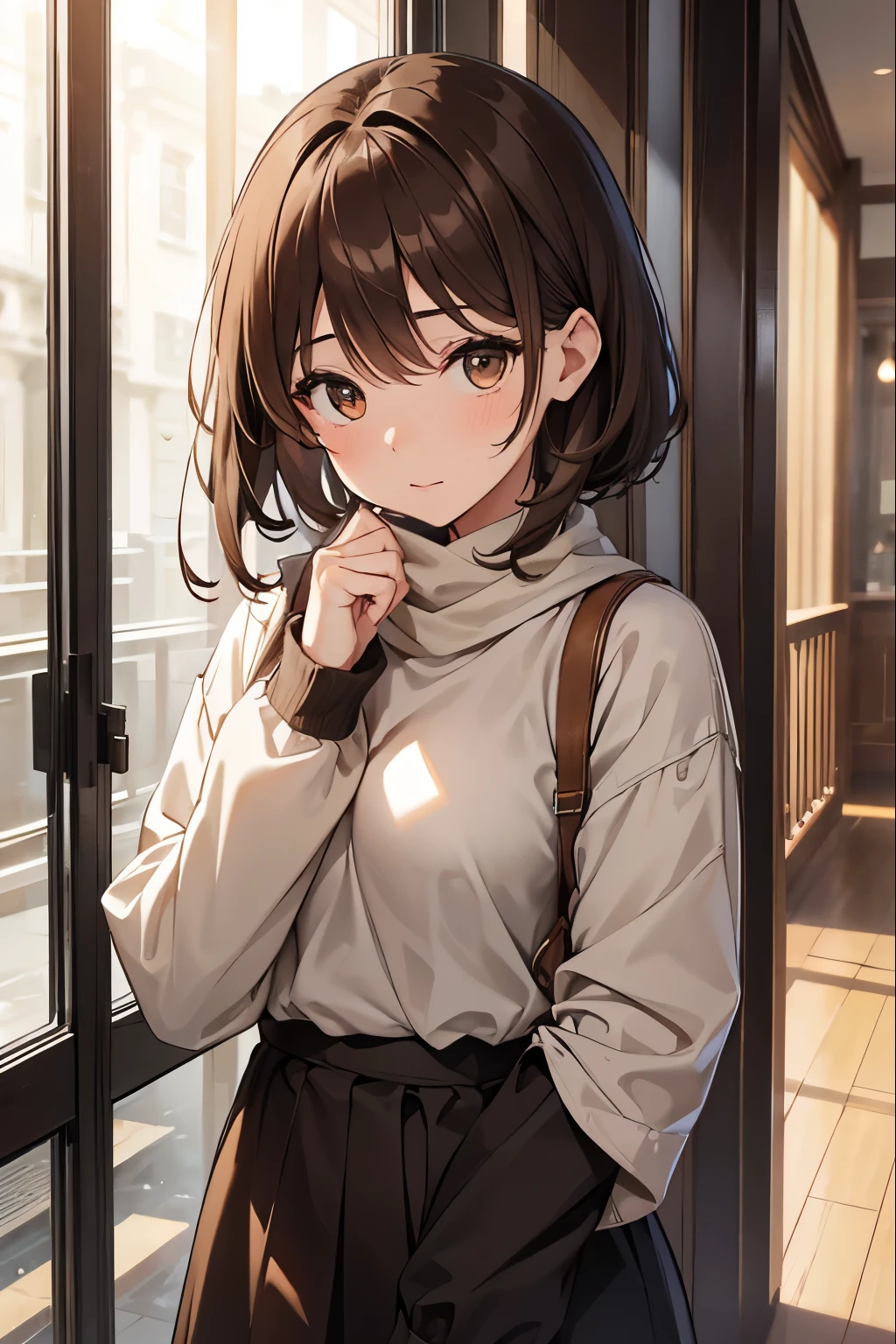 shortcut、masterpiece、whole body、low length、bad personality、brown hair、brown hair、private server、university student、beautiful woman、brown eyes、clear、standing position、Warm clothes、winter