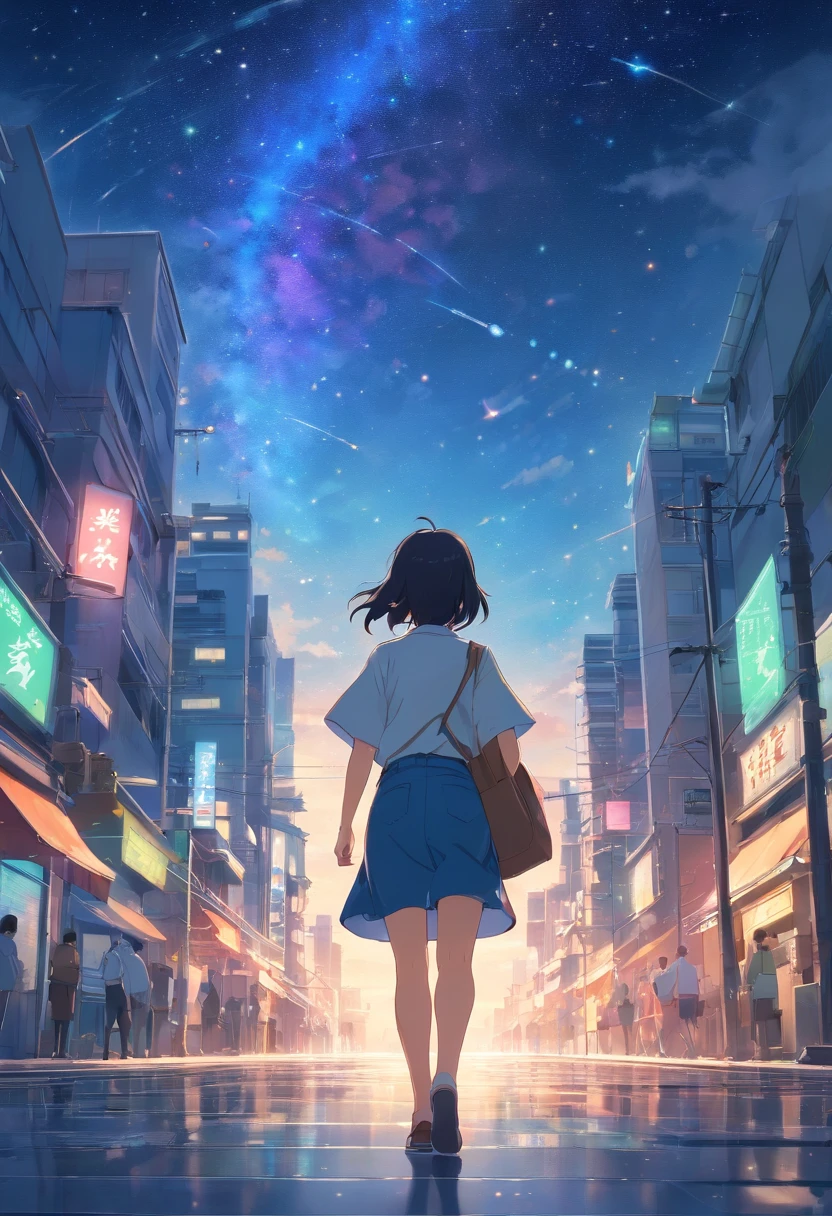 Behind a woman walking towards the city、Denim on white t-shirt、Casket、starry sky、2 days and months、夢のようなWind景、from far away、Wind光明媚なメインネオンストリート、Night sky full of stars、2 days and months、夢のようなWind景、from far away、Wind景メイン、Wind景メイン、Wind、Tokyo city、Near future