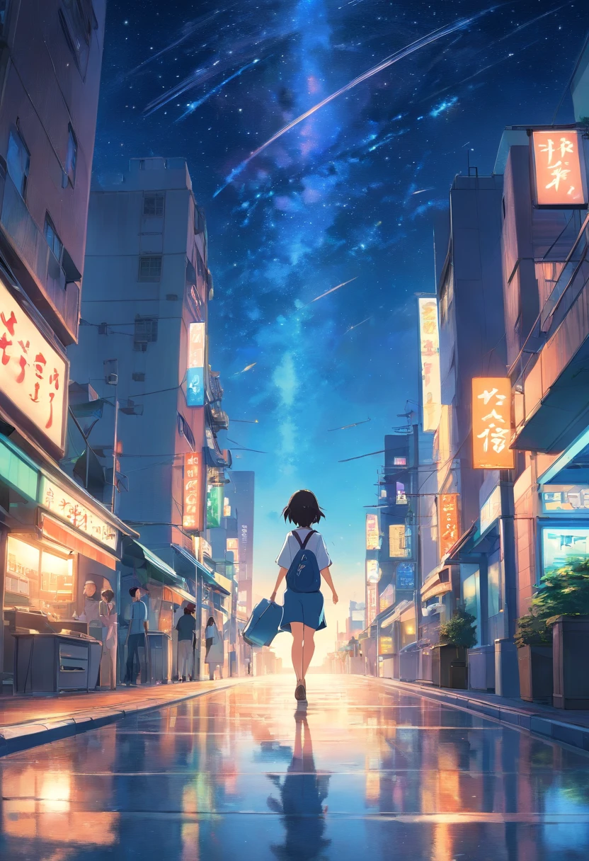 Behind a woman walking towards the city、Denim on white t-shirt、Casket、starry sky、2 days and months、夢のようなWind景、from far away、Wind光明媚なメインネオンストリート、Night sky full of stars、2 days and months、夢のようなWind景、from far away、Wind景メイン、Wind景メイン、Wind、Tokyo city、Near future