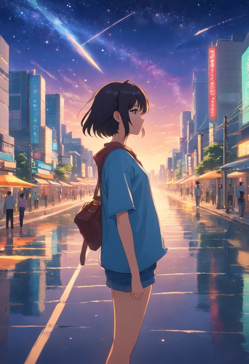 Behind a woman walking towards the city、Denim on white t-shirt、Casket、starry sky、2 days and months、夢のようなWind景、from far away、Wind光明媚なメインネオンストリート、Night sky full of stars、2 days and months、夢のようなWind景、from far away、Wind景メイン、Wind景メイン、Wind、Tokyo city、Near future