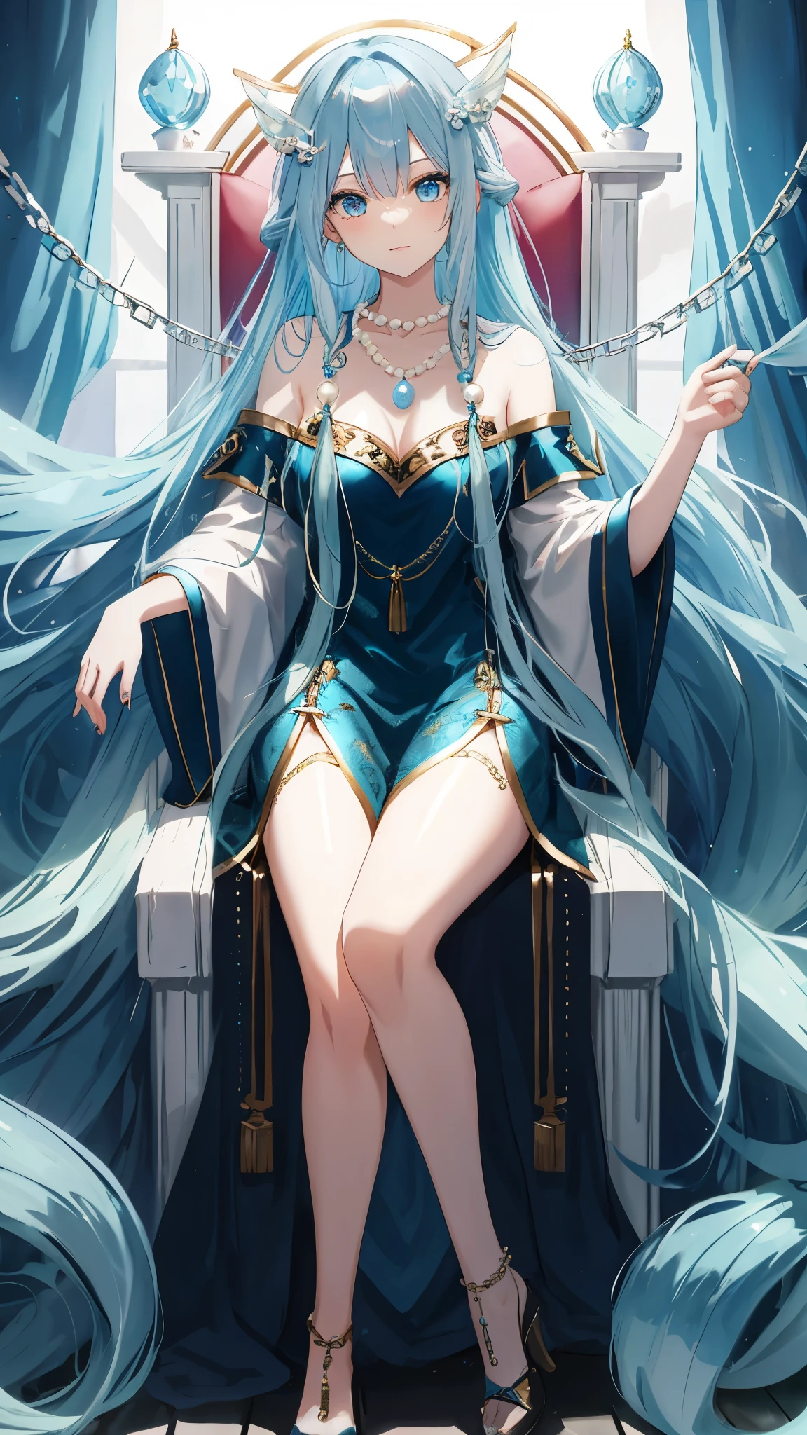 海long blue hair,close up,dream world,Mermaid Royal Sister, 海long blue hair,sitting on an royal throne,tear nevus,Mermaid ears,(pearl head chain,necklace),necklace,Long off-the-shoulder blue dress,humanoid, Poseidon temple background, her skin is white, fair complexion,green eyes,long blue hair, Two long black stocking legs,High heel,black legs,tattoo