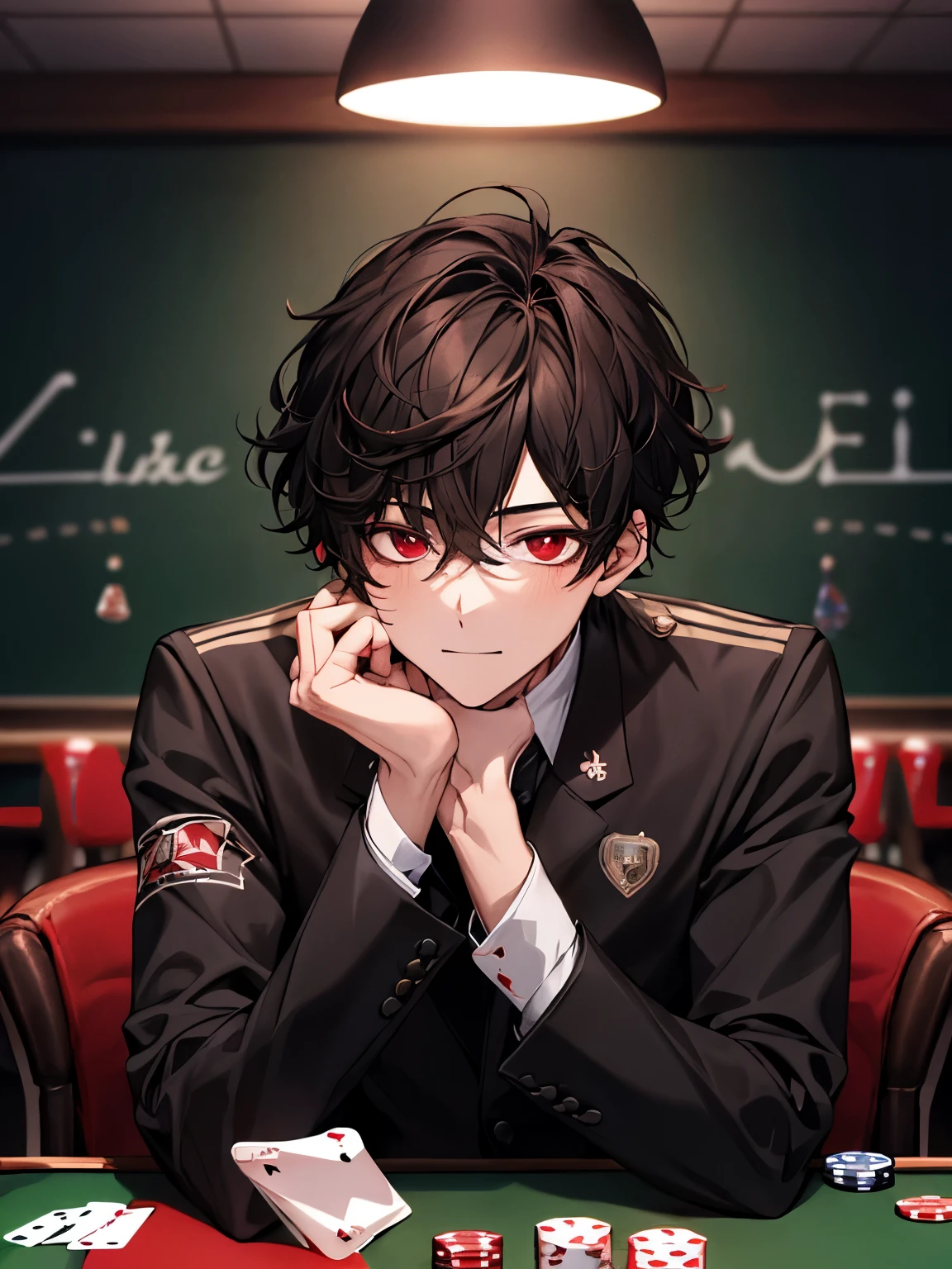 A boy, playing poker, dark curly hair, red eyes, red and black uniform, school