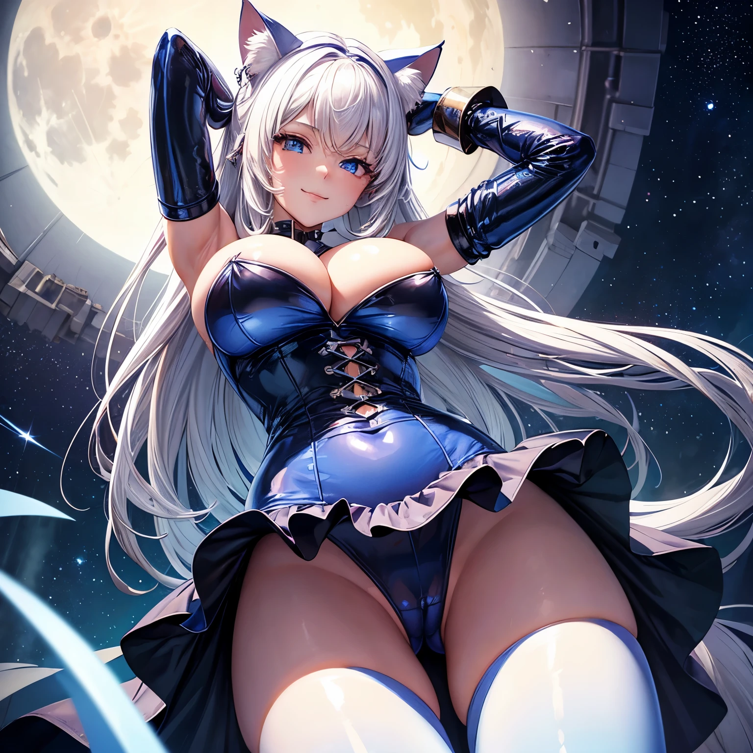 (Masterpiece), (best quality), 1girl, ((angle from below)), ((from below)), ((looking down)), smirk, long hair, white hair, cat ears, blue eyes, arms up, ((big breasts)), ((wide hips)), blue latex bunny suit, skirt, moon, stars
