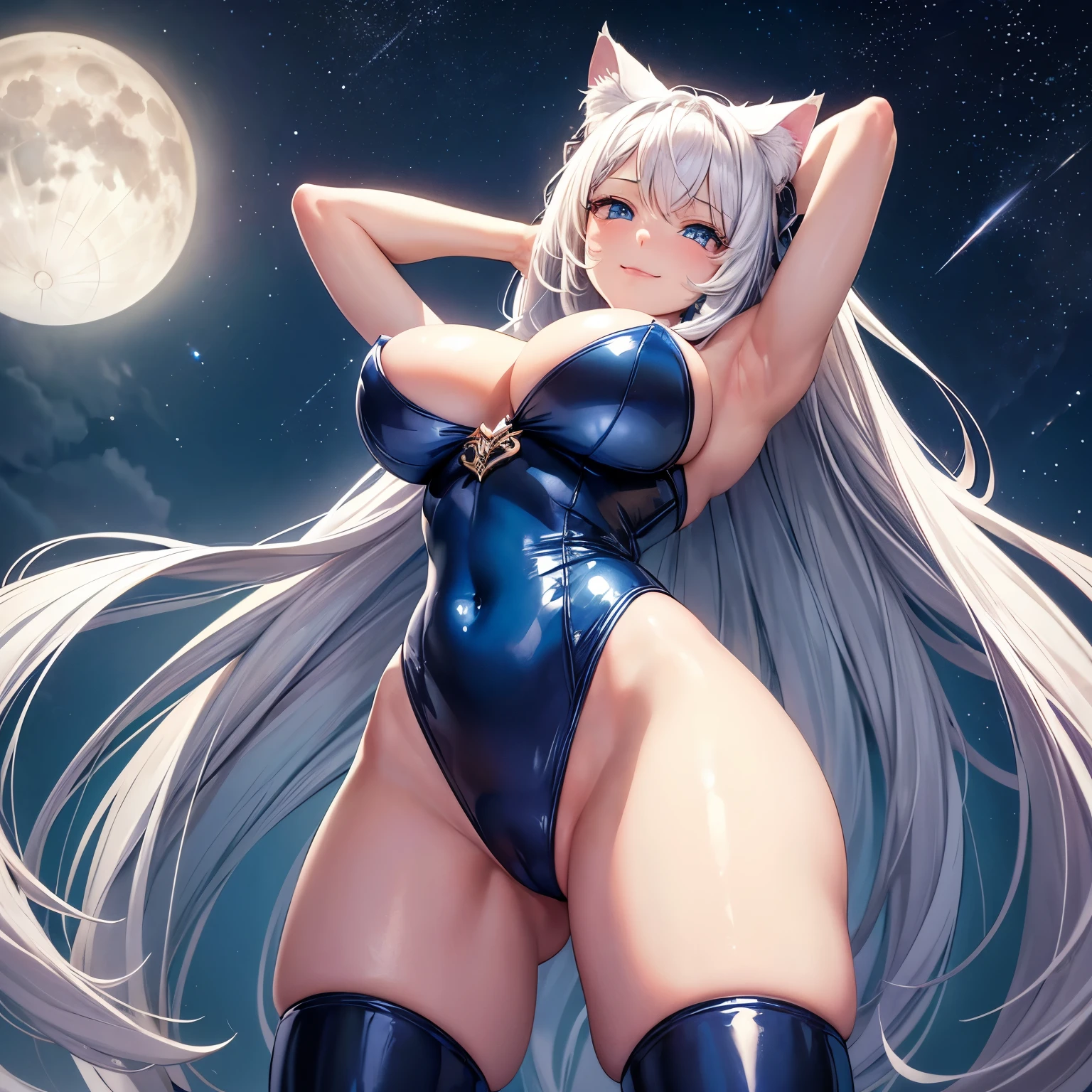 (Masterpiece), (best quality), 1girl, ((angle from below)), ((from below)), ((looking down)), smirk, long hair, white hair, cat ears, blue eyes, arms up, ((big breasts)), ((wide hips)), blue latex bunny suit, skirt, moon, stars
