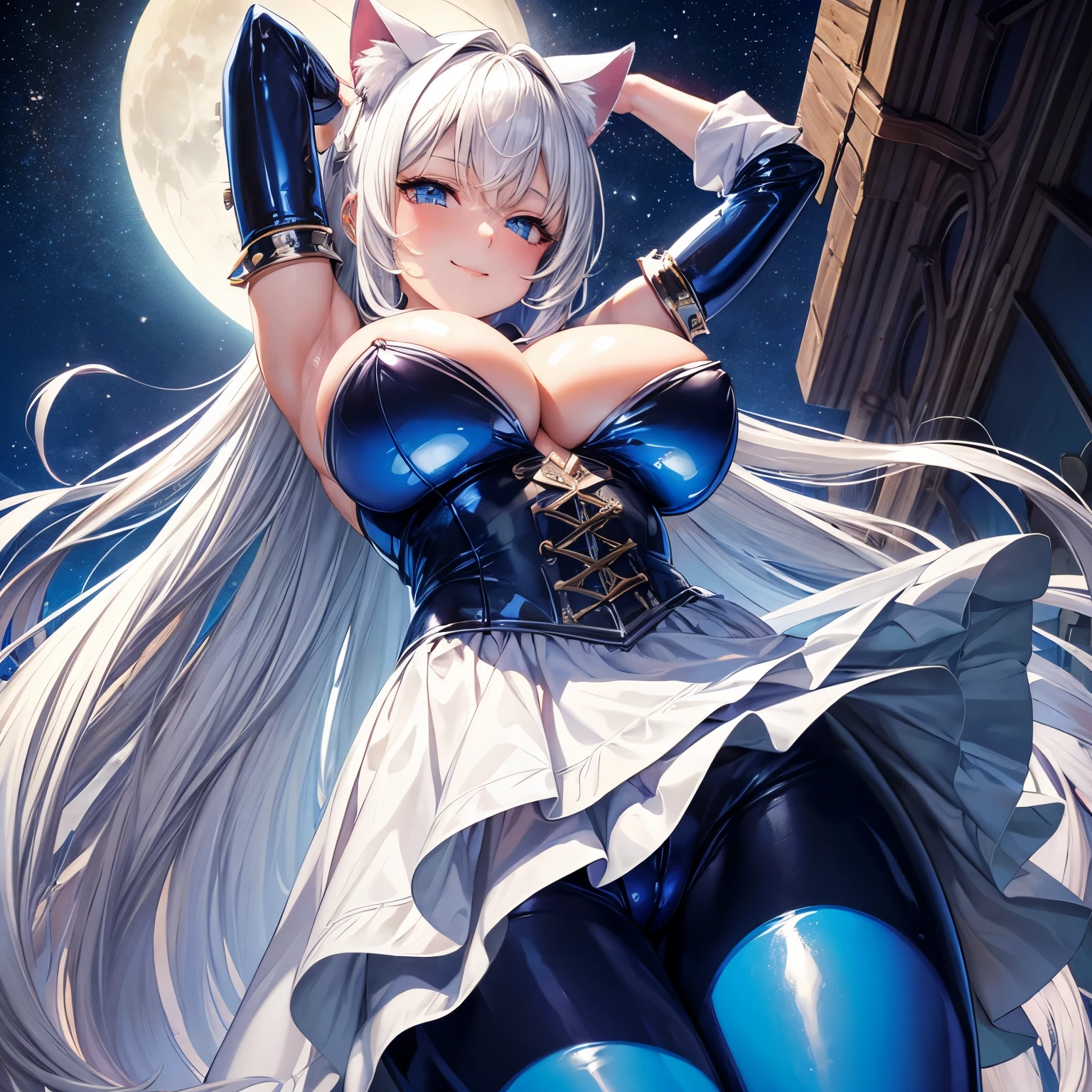 (Masterpiece), (best quality), 1girl, ((angle from below)), ((from below)), ((looking down)), smirk, long hair, white hair, cat ears, blue eyes, arms up, ((big breasts)), ((wide hips)), blue latex bunny suit, skirt, moon, stars