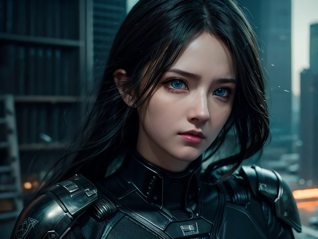cyberpunk world war 3, cinematic composition, Fantasy digital painting by Greg Rutkowski and James Gurney, Trending at Art Station, very detailed, hyper realistic, realistic, photorealistic, dynamic lighting, very detailed, cinematic landscape, Studio Landscape, studio lighting, 1 Young pretty girl, ((idol face:1.2)), (symmetrical eyes:1.35), (beautiful and fine eyes:1.65), medium curly black hair, combat uniform,