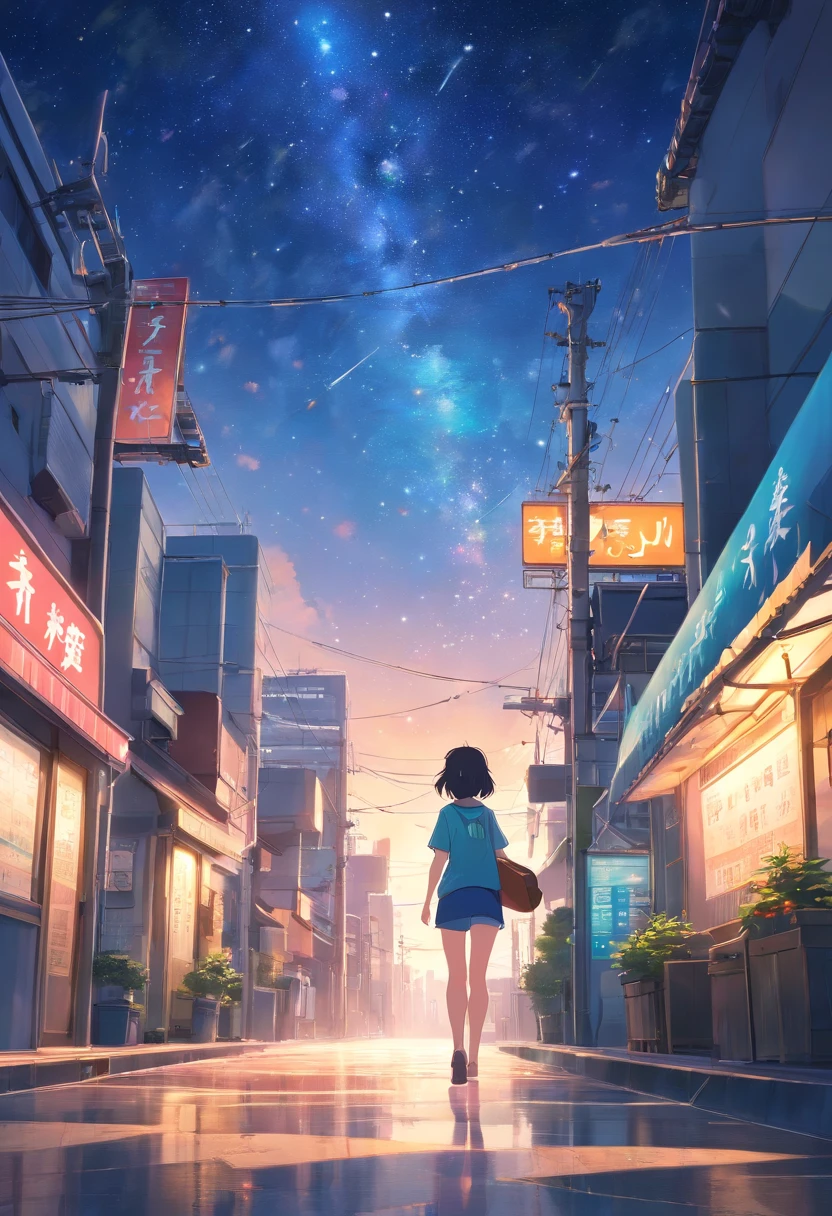 Behind a woman walking towards the city、Denim on white t-shirt、Casket、starry sky、2 days and months、夢のようなWind景、from far away、Wind光明媚なメインネオンストリート、Night sky full of stars、2 days and months、夢のようなWind景、from far away、Wind景メイン、Wind景メイン、Wind、Tokyo city、Near future