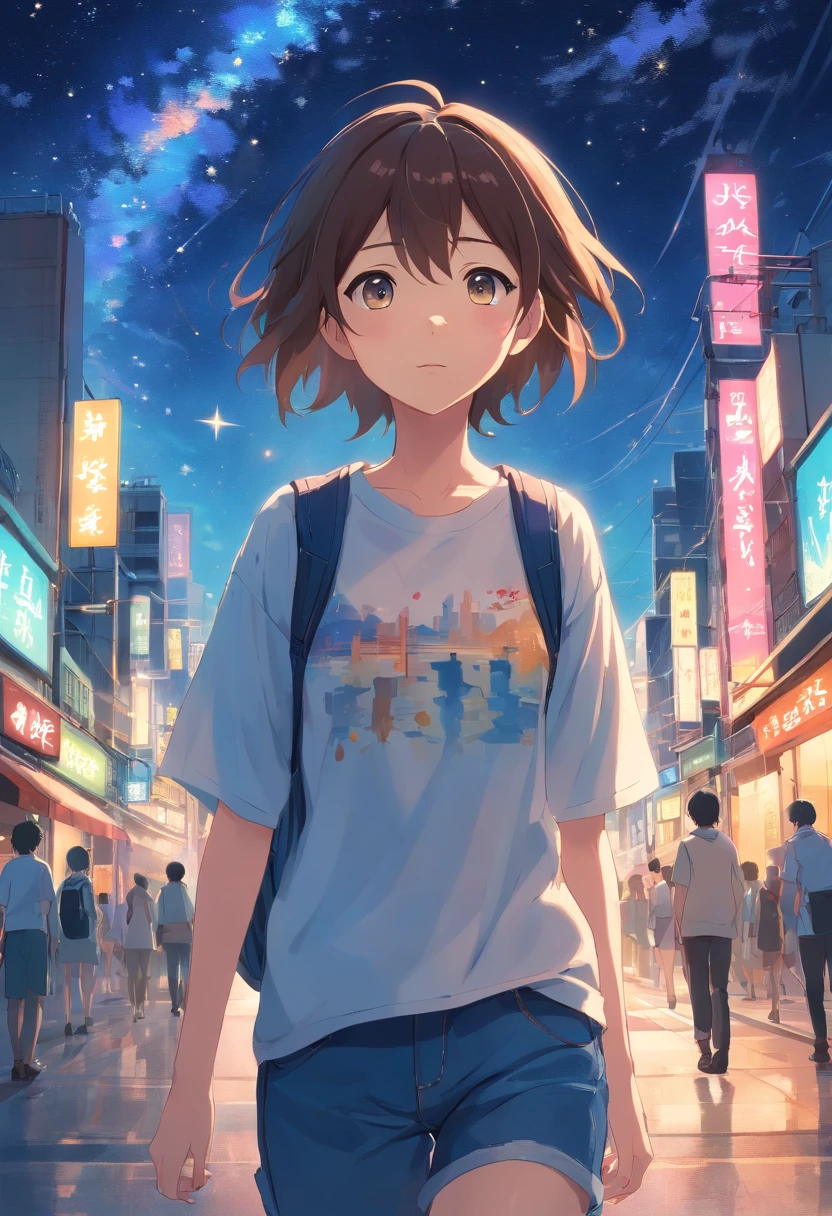 Behind a woman walking towards the city、Denim on white t-shirt、Casket、starry sky、2 days and months、夢のようなWind景、from far away、Wind光明媚なメインネオンストリート、Night sky full of stars、2 days and months、夢のようなWind景、from far away、Wind景メイン、Wind景メイン、Wind、Tokyo city、Near future