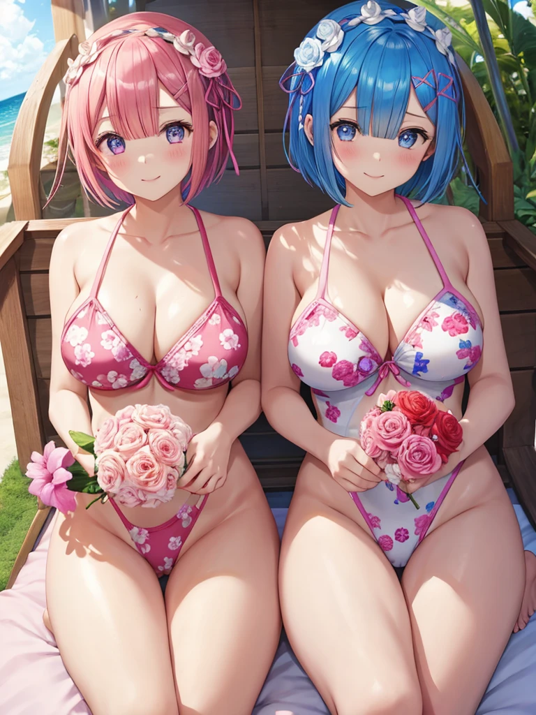 masterpiece 、best quality、ultra detailed 、(Re:zero)、two girls(Rem、blue hair、short hair)(rum、pink hair、short hair)、twins、、big breasts、White high-leg swimsuit with thin floral pattern、thighs wide open、wide open crotch、Nasty poses、sexual expression、mean look、beautiful breasts、beach、smile、cute face、cute、bouquet、