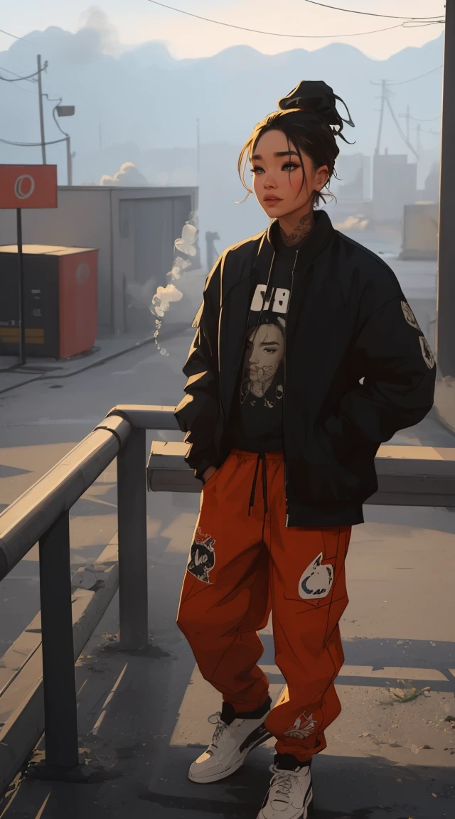 god, (Smoke effect around the head, Steam effect) tattoo, working, night scenery, beautiful woman, Ultra HD portraits, (high quality) (Ultra-detailed) Looking at the audience dressed in hip-hop style streetwear; distinct, Colorful, long trousers 🌈