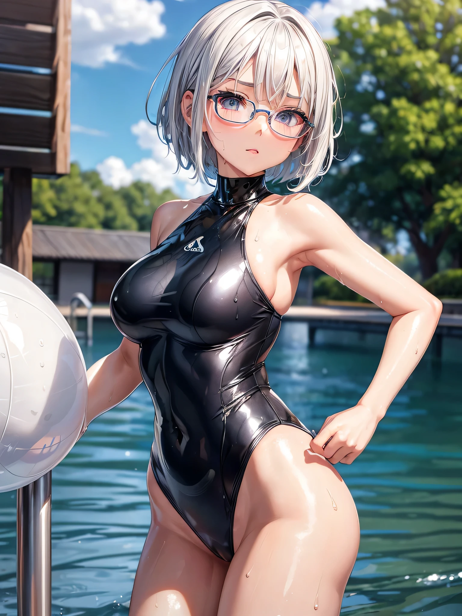 best image quality、8K、UHD、pieces fly、cute eyes、silver hair、Glasses、latex high neck swimwear、latex high neck school swimwear、short hair、短髪のsilver hair美女、wet skin、